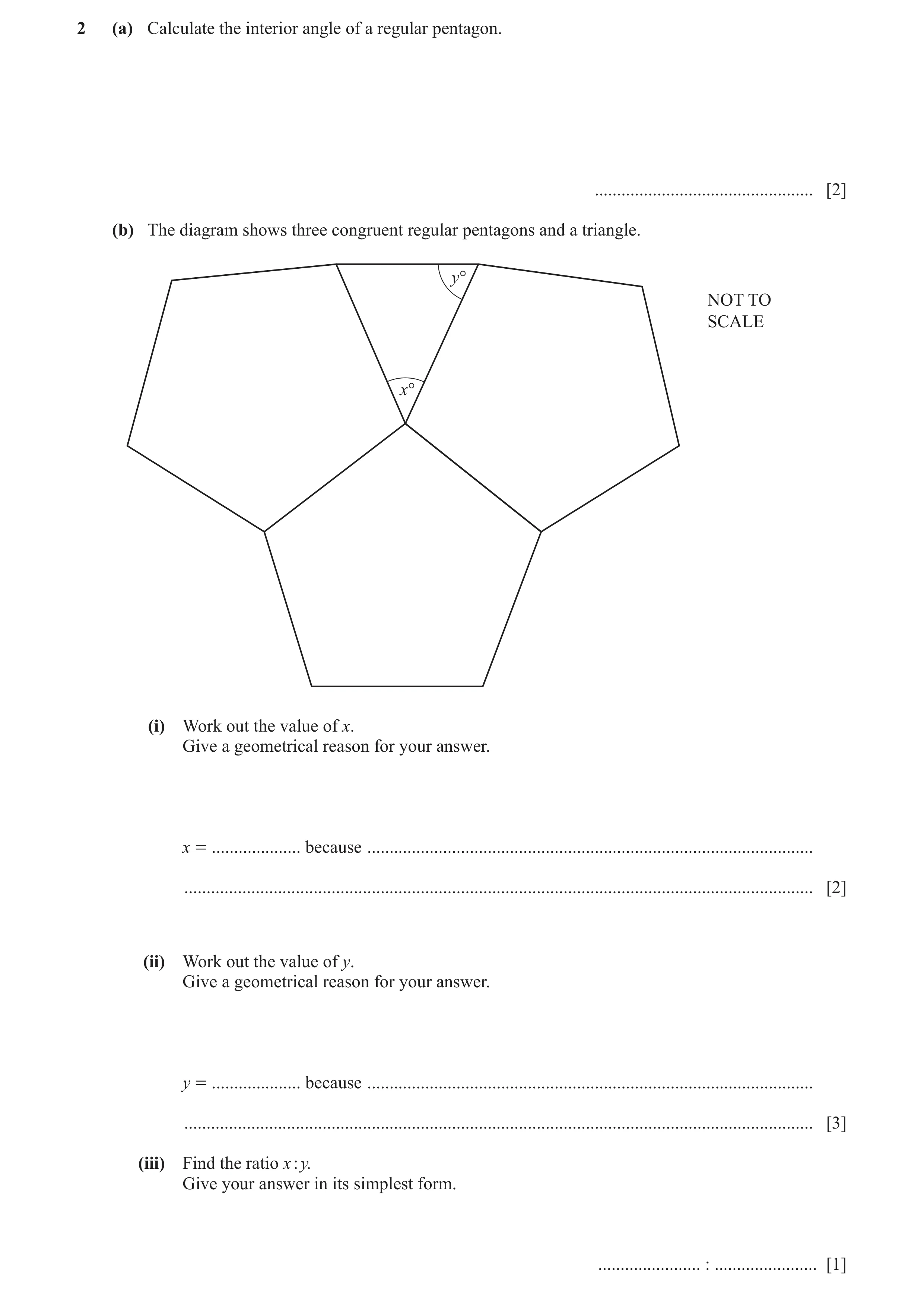 Question 77: (a) Calculate the interior angle of a regular pentagon. ................................................. [2] (b) The diagram shows three c…