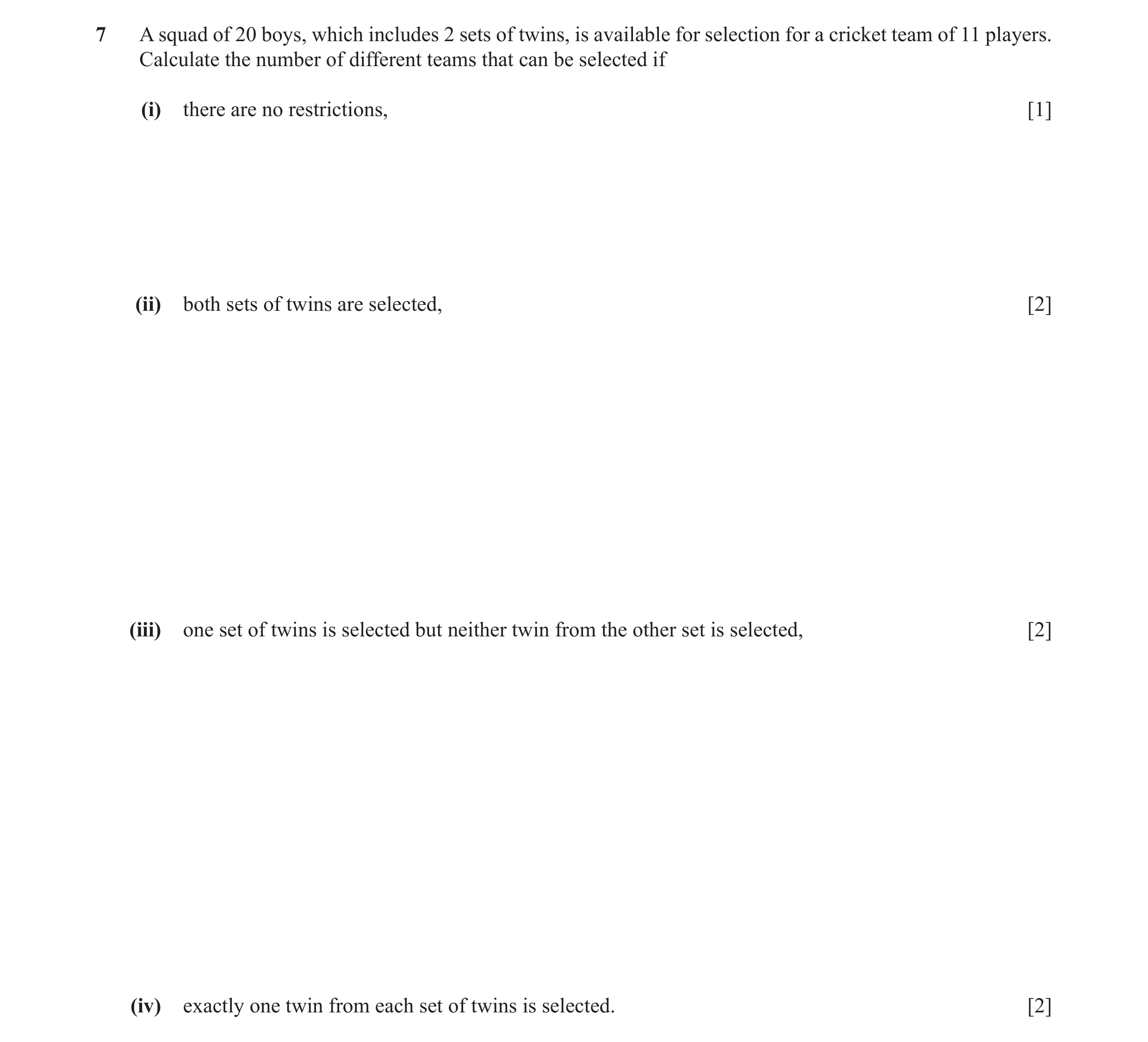 Question 8: A squad of 20 boys, which includes 2 sets of twins, is available for selection for a cricket team of 11 players. Calculate the number of di…