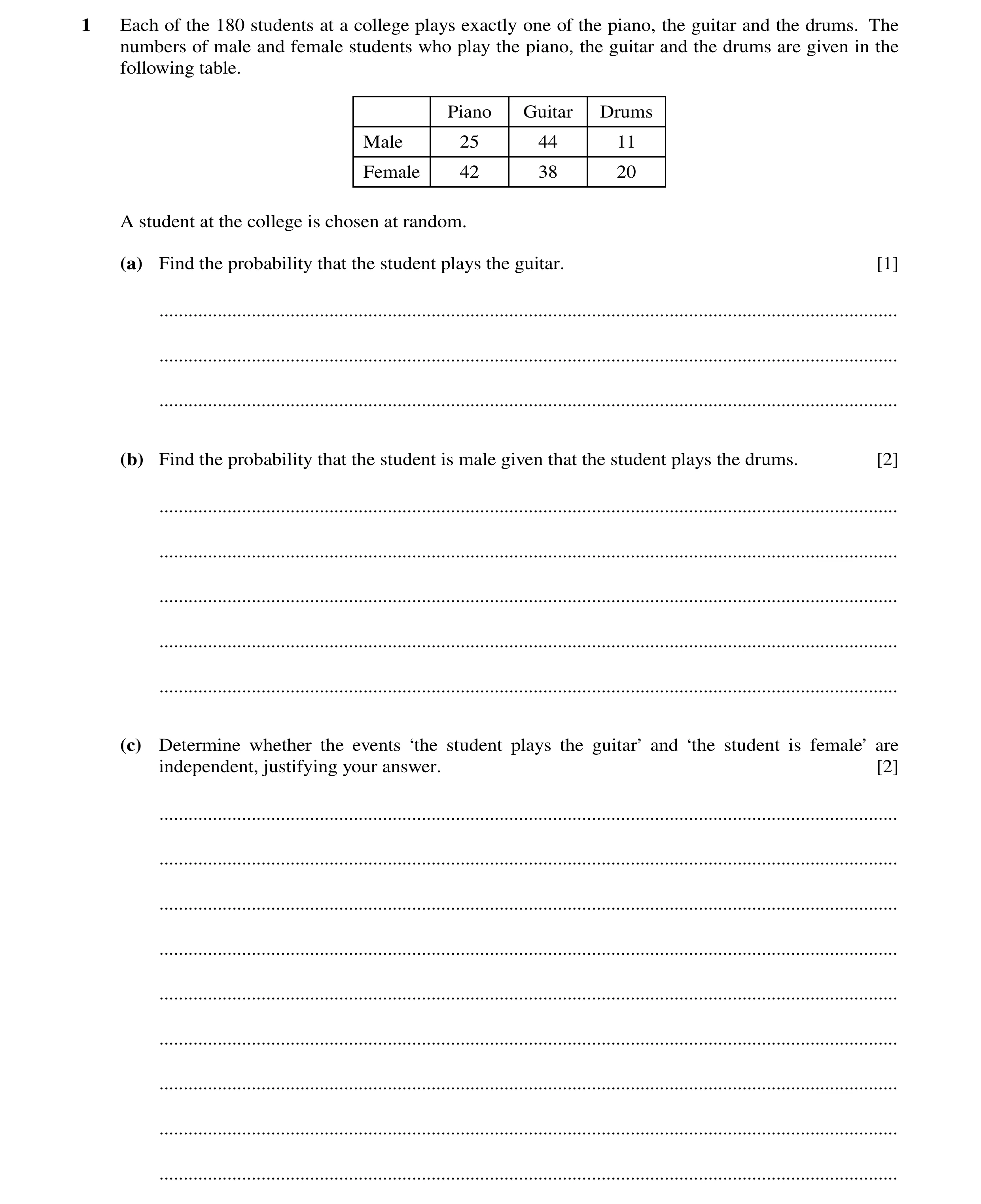 Question 35: Each of the 180 students at a college plays exactly one of the piano, the guitar and the drums. The numbers of male and female students who…
