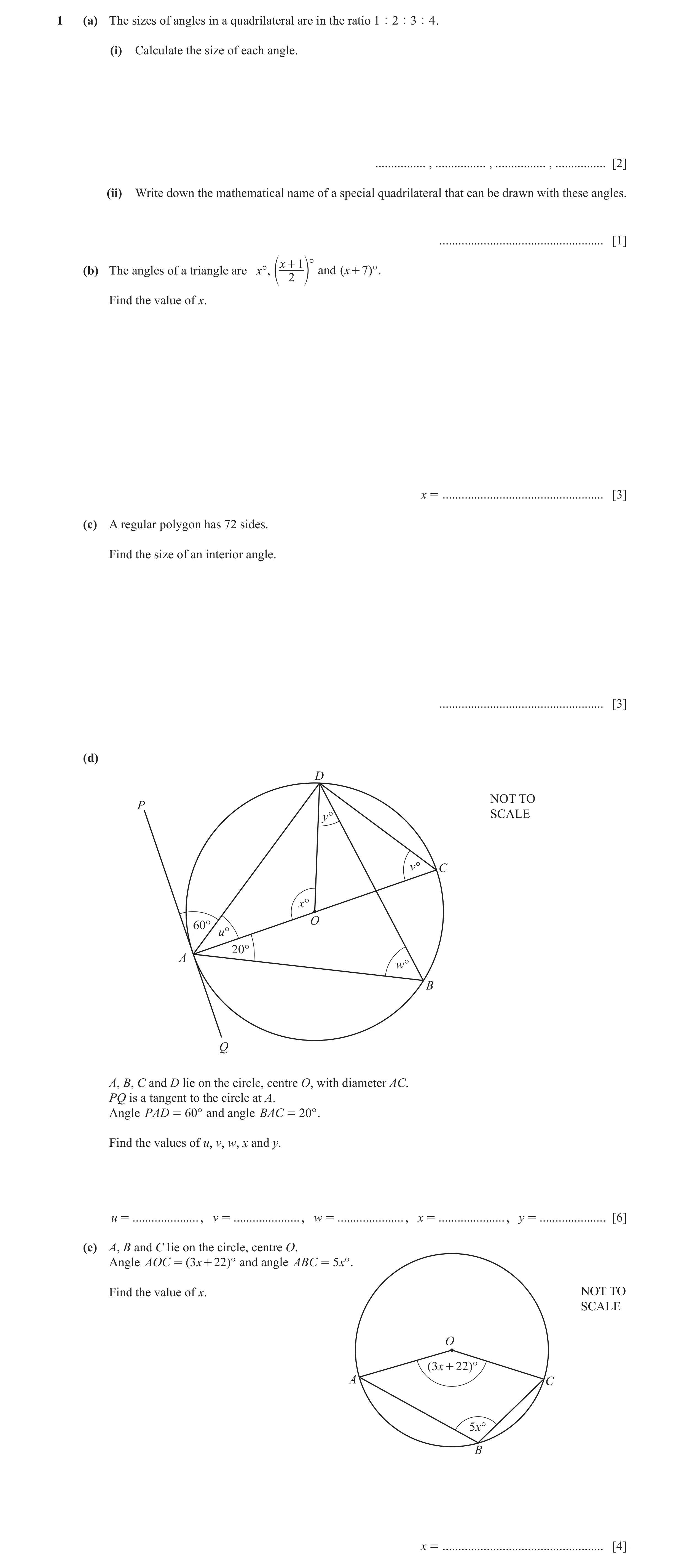 Question 3: (a) The sizes of angles in a quadrilateral are in the ratio 1 | 2 | 3 | 4 . (i) Calculate the size of each angle. ................ , ......…