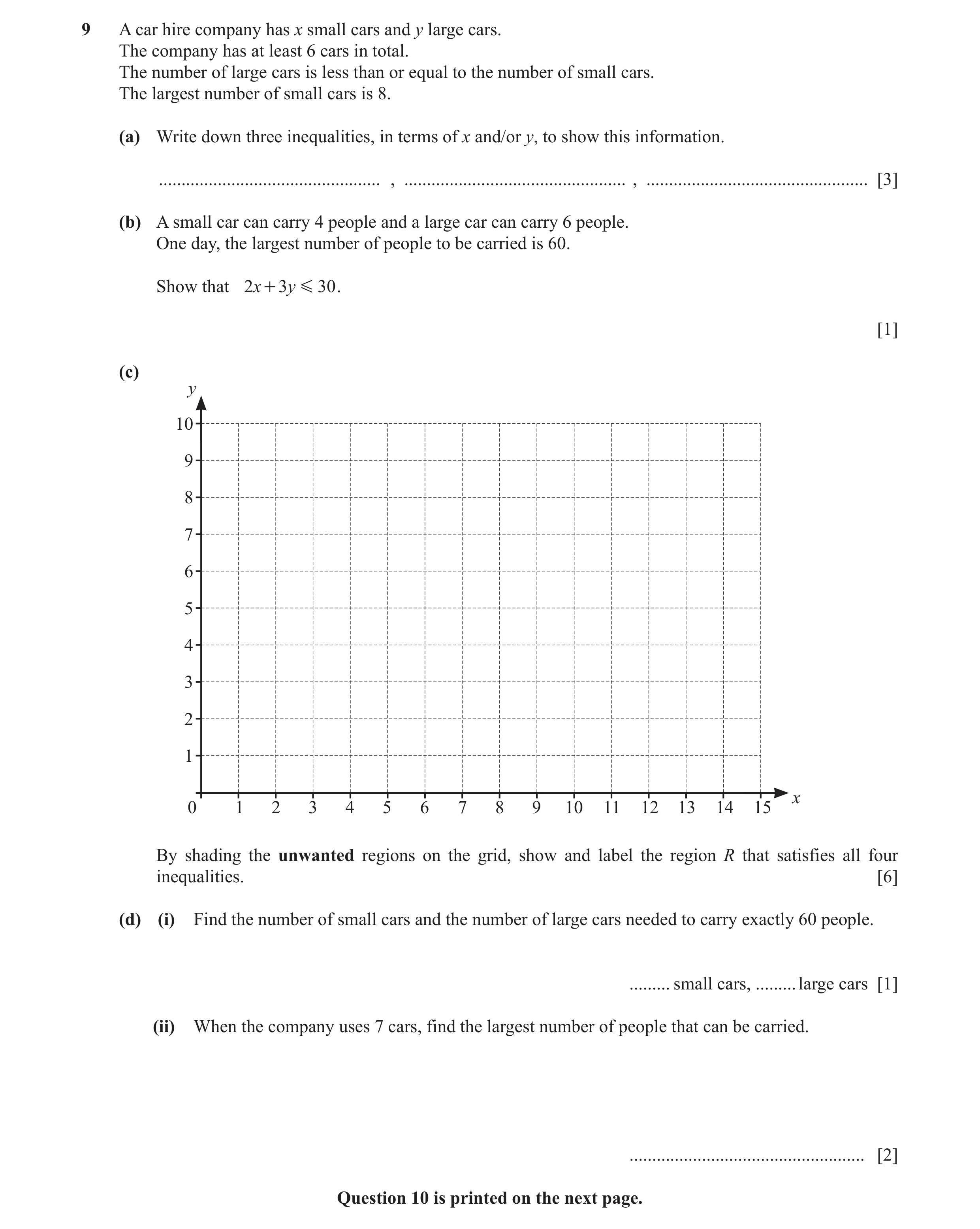 Question 5: A car hire company has x small cars and y large cars. The company has at least 6 cars in total. The number of large cars is less than or eq…