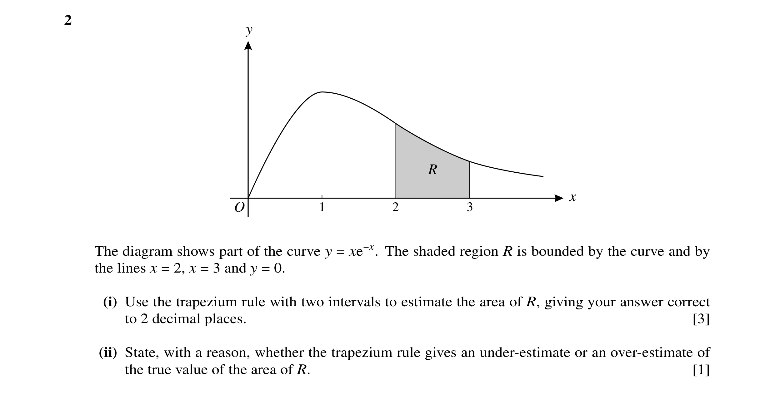Question 16: y R x O 1 2 3 The diagram shows part of the curve y The shaded region R is bounded by the curve and by = xe−x. the lines x 2, x 3 and y 0. …