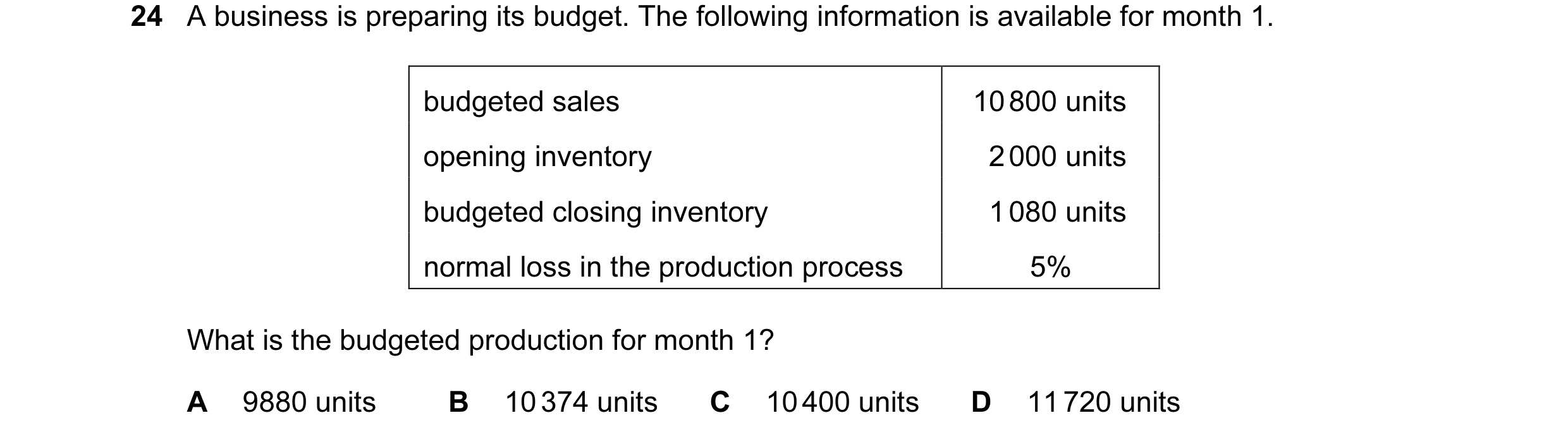 Question 72: A business is preparing its budget. The following information is available for month 1. budgeted sales 10 800 units opening inventory 2 000…