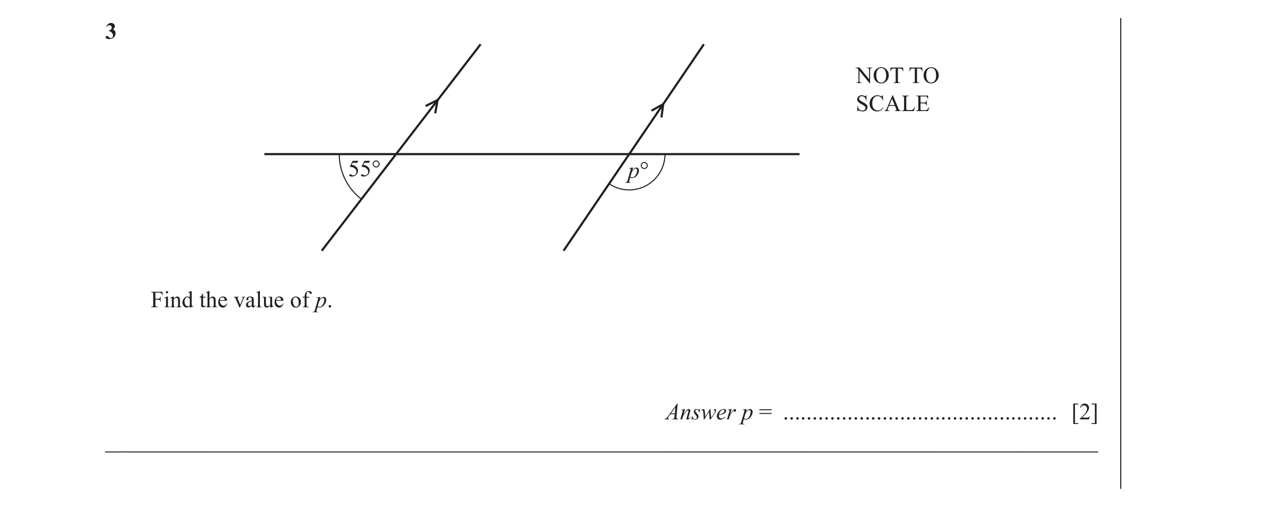 Question 14: NOT TO SCALE 55° p° Find the value of p. Answer p = ............................................... [2] ___________________________________…