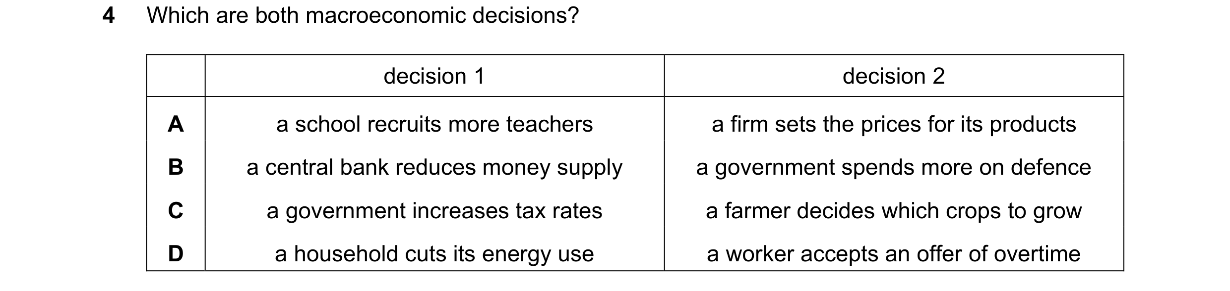 Question 3: Which are both macroeconomic decisions? decision 1 decision 2 A a school recruits more teachers a firm sets the prices for its products B a…