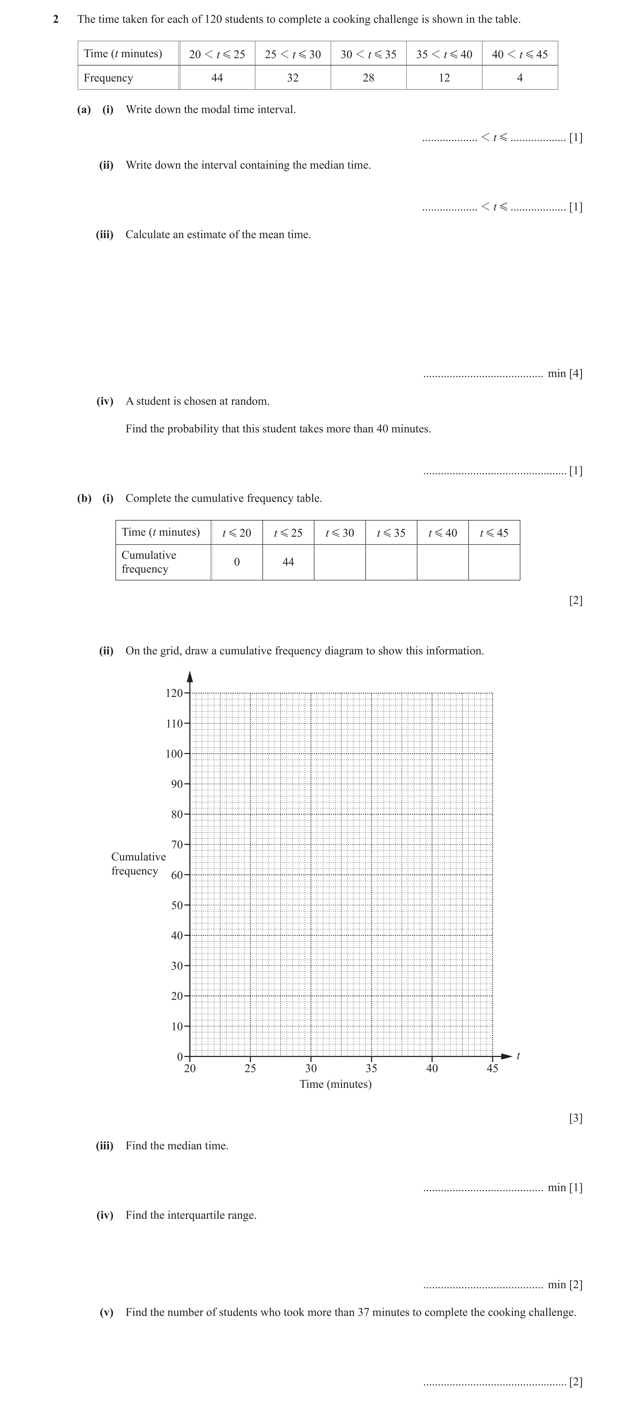 Question 8: The time taken for each of 120 students to complete a cooking challenge is shown in the table. Time (t minutes) 20 1 t G 25 25 1 t G 30 30 …