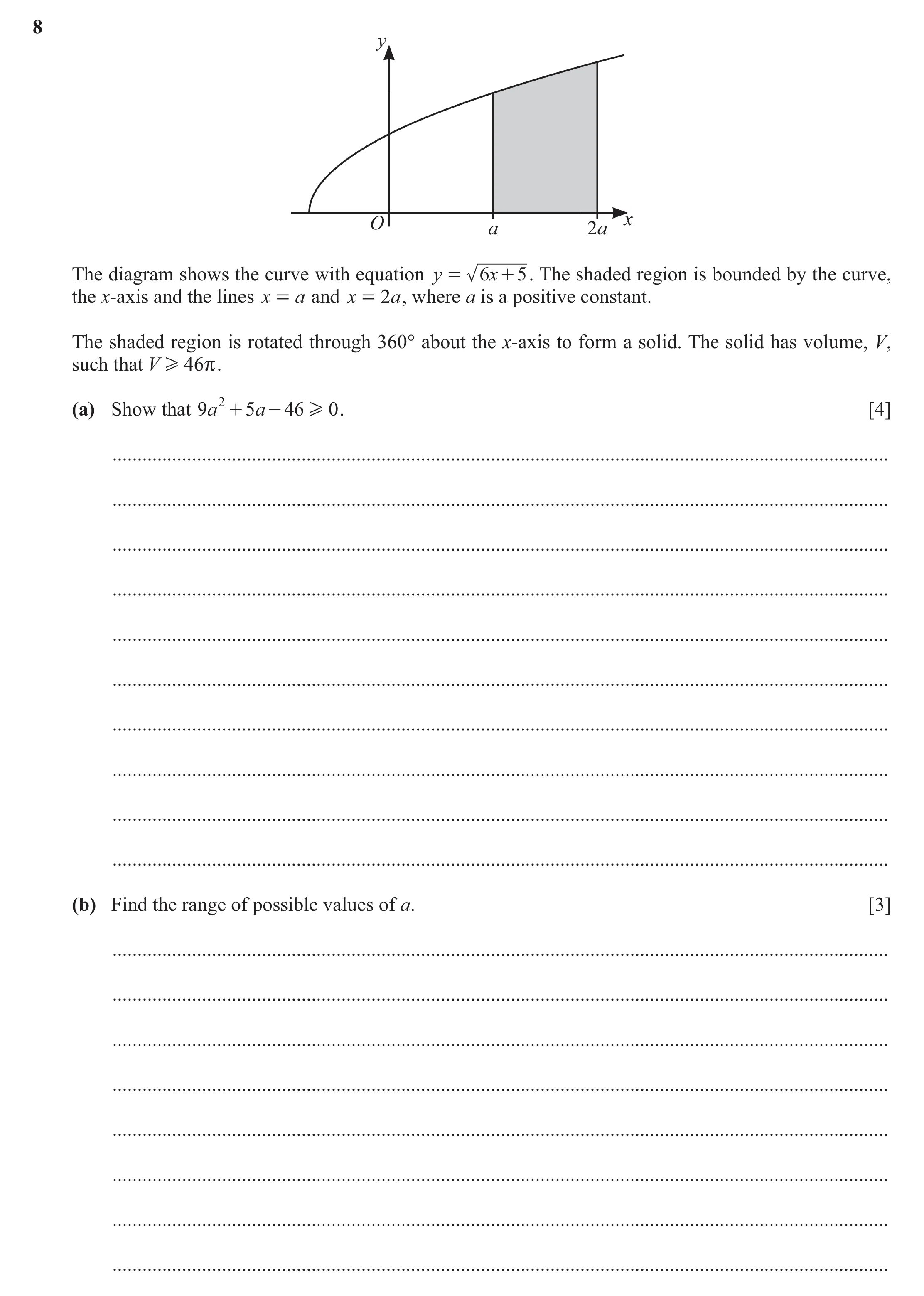 Question 91: y O a 2a x The diagram shows the curve with equation y = 6x + 5 . The shaded region is bounded by the curve, the x-axis and the lines x = a…
