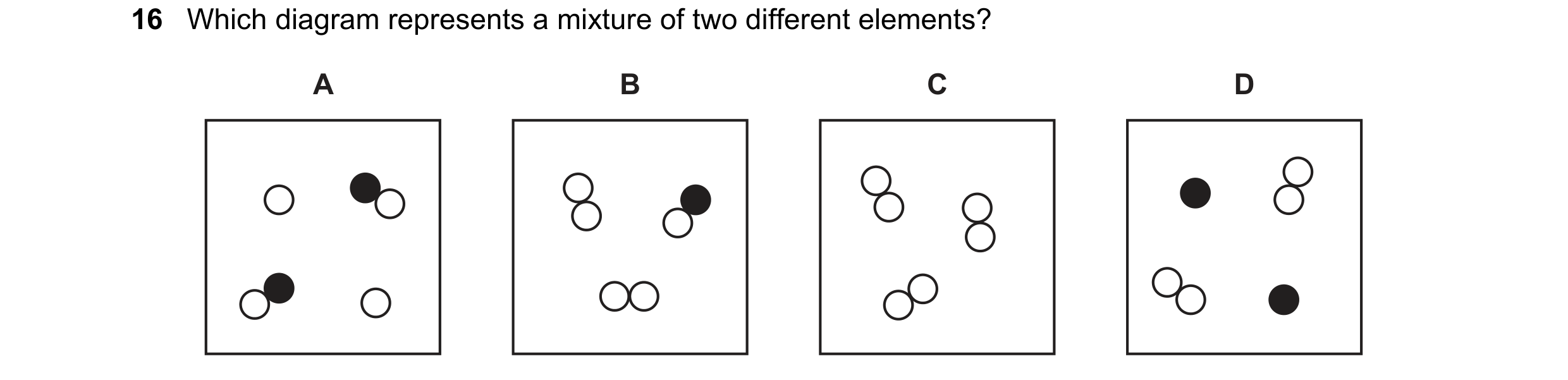 Question 17: Which diagram represents a mixture of two different elements? A B C D