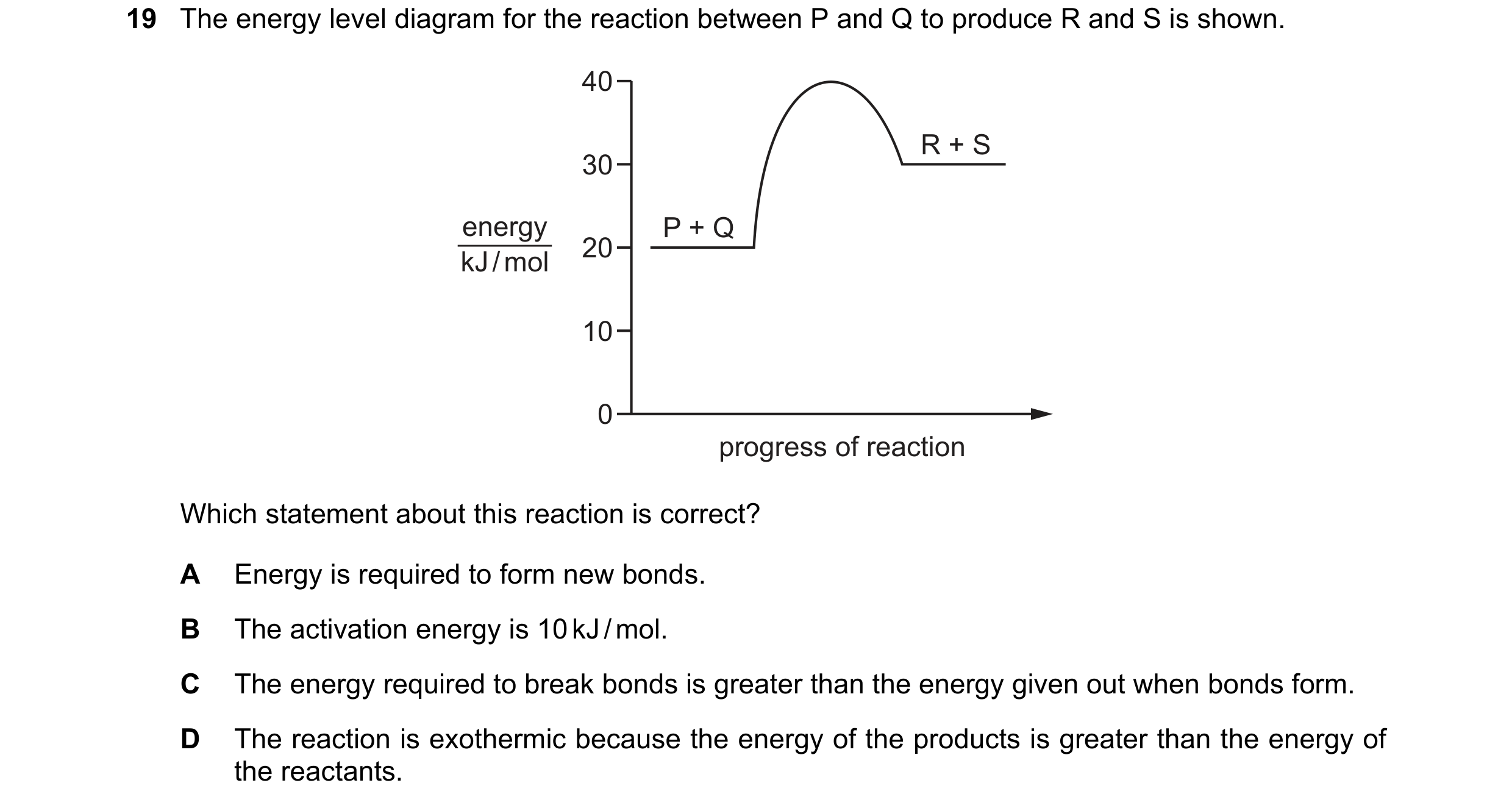 Question 16: The energy level diagram for the reaction between P and Q to produce R and S is shown. 40 R + S 30 energy P + Q 20 kJ / mol 10 0 progress o…