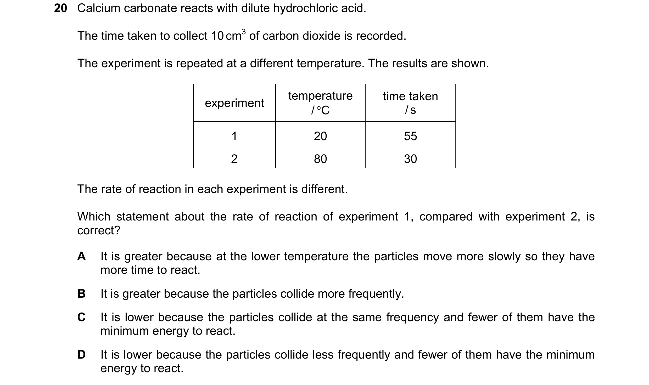 Question 19: Calcium carbonate reacts with dilute hydrochloric acid. The time taken to collect 10 cm3 of carbon dioxide is recorded. The experiment is r…