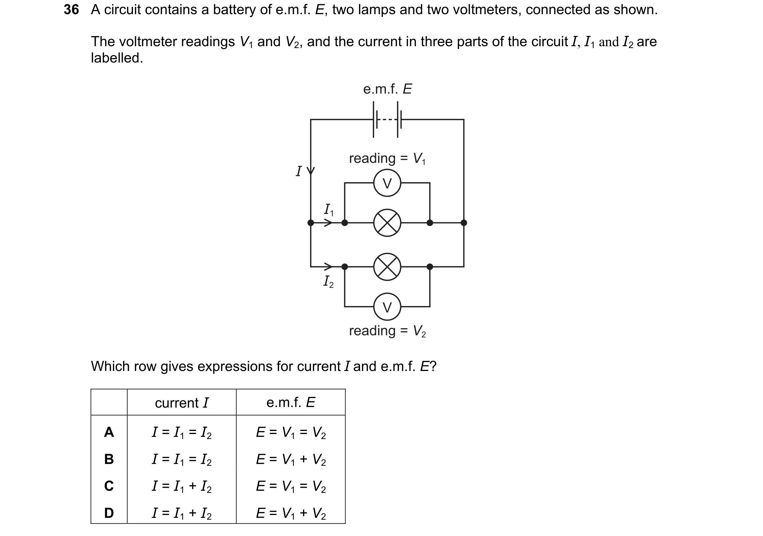 Question 27: A circuit contains a battery of e.m.f. E, two lamps and two voltmeters, connected as shown. The voltmeter readings V1 and V2, and the curre…
