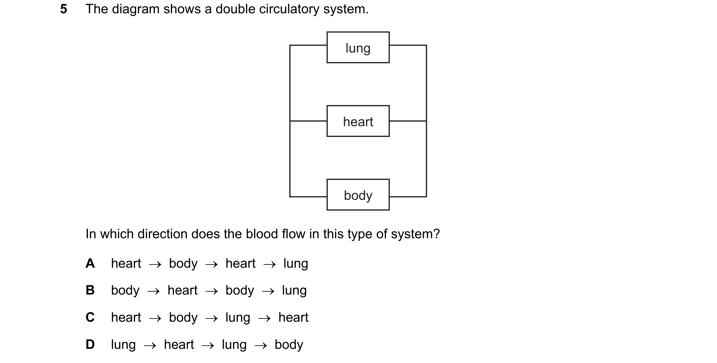Question 7: The diagram shows a double circulatory system. lung heart body In which direction does the blood flow in this type of system? A heart → b…