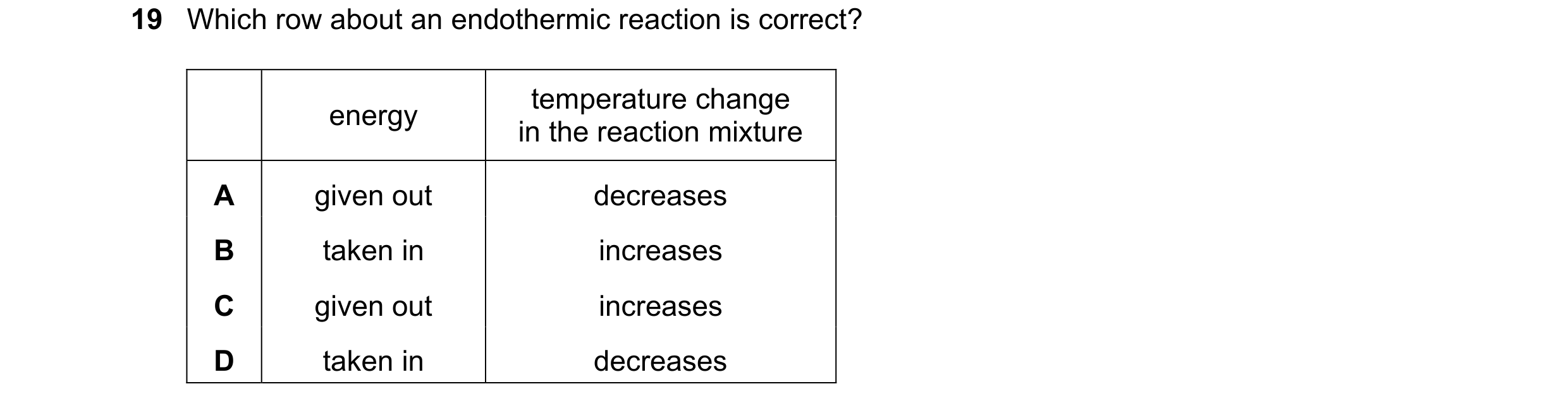 Question 43: Which row about an endothermic reaction is correct? temperature change energy in the reaction mixture A given out decreases B taken in incr…