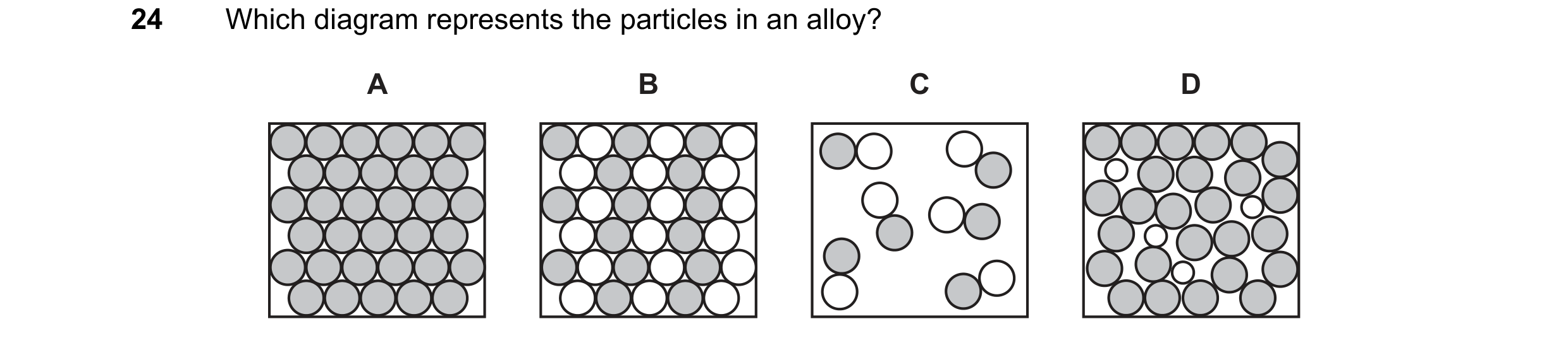 Question 40: Which diagram represents the particles in an alloy? A B C D
