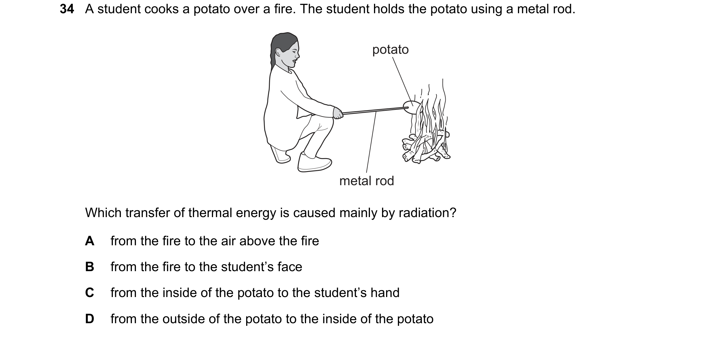 Question 49: A student cooks a potato over a fire. The student holds the potato using a metal rod. potato metal rod Which transfer of thermal energy is …