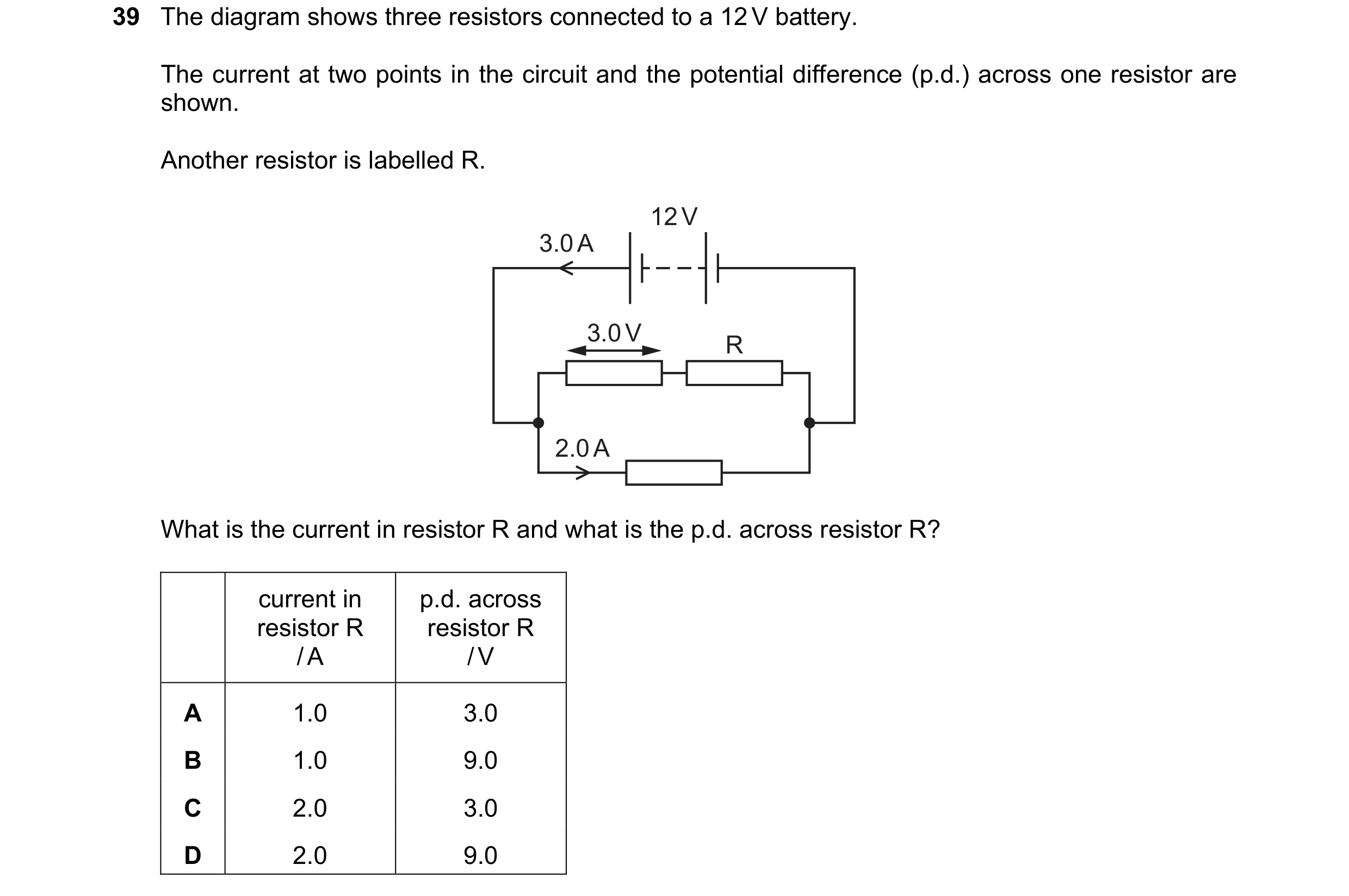 Question 79: The diagram shows three resistors connected to a 12 V battery. The current at two points in the circuit and the potential difference (p.d.)…