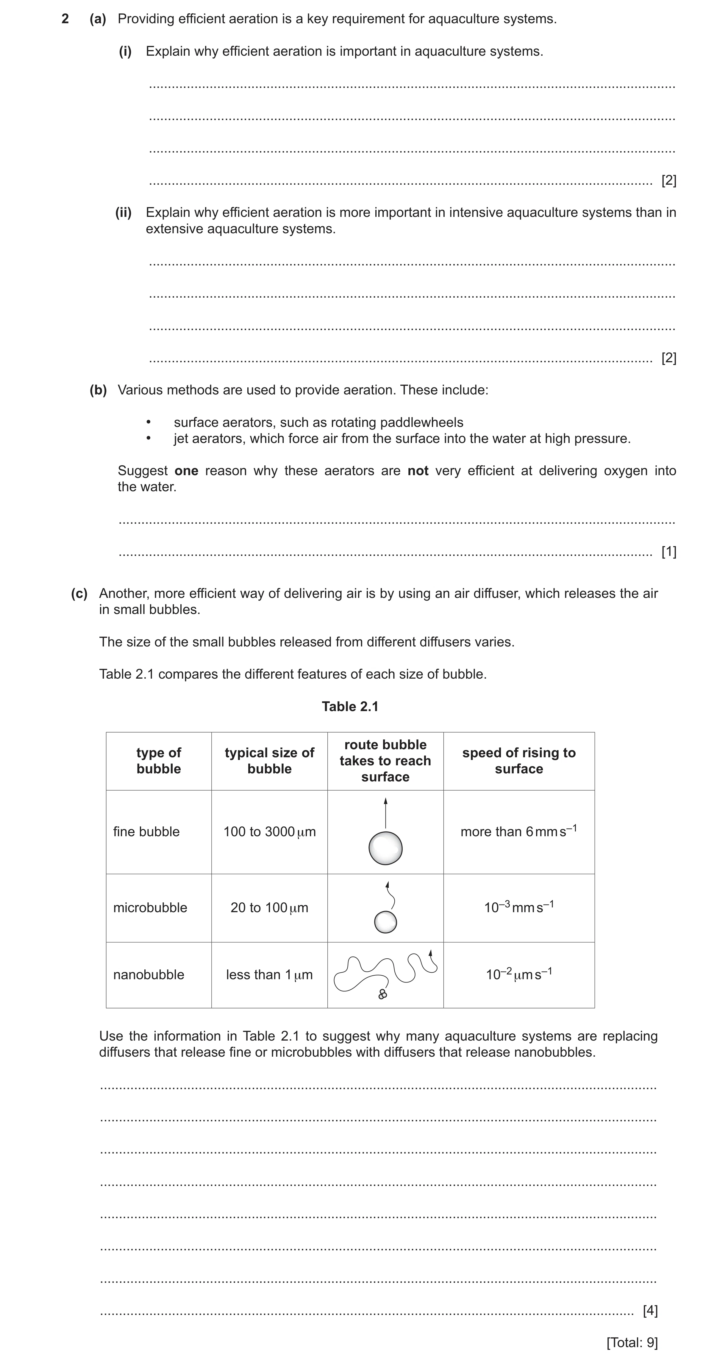 Question 35: (a) Providing efficient aeration is a key requirement for aquaculture systems. (i) Explain why efficient aeration is important in aquacultu…