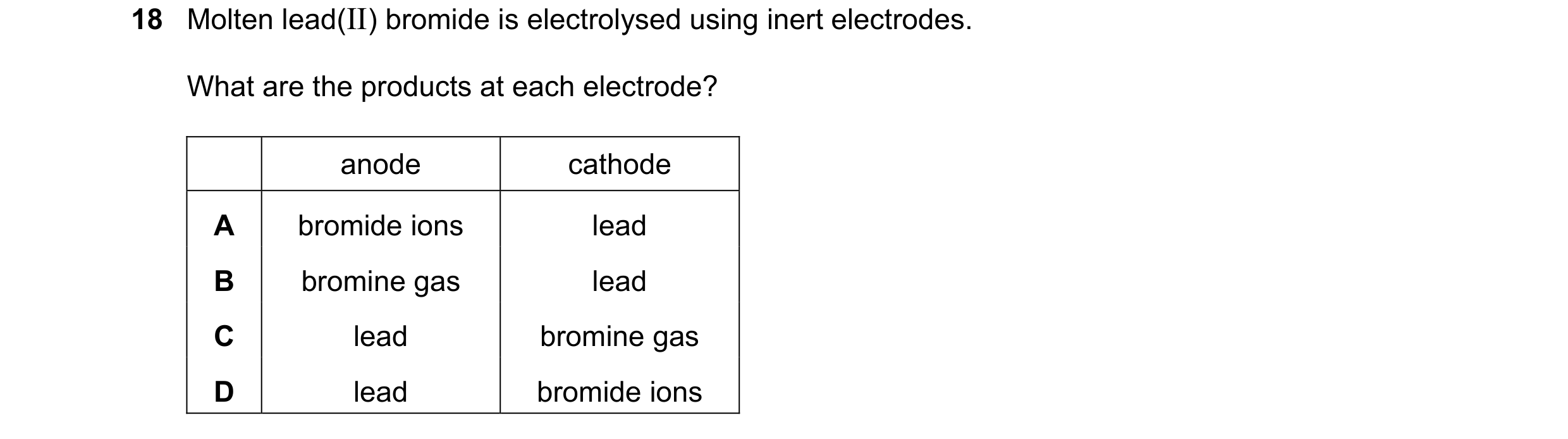 Question 92: Molten lead(II) bromide is electrolysed using inert electrodes. What are the products at each electrode? anode cathode A bromide ions lead …