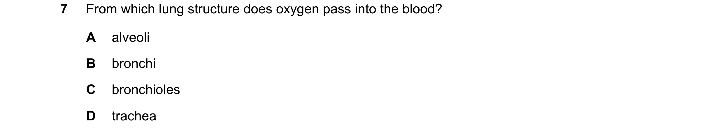 Question 72: From which lung structure does oxygen pass into the blood? A alveoli B bronchi C bronchioles D trachea