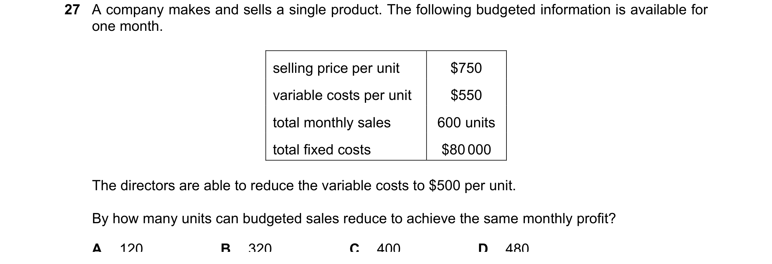 Question 427: A company makes and sells a single product. The following budgeted information is available for one month. selling price per unit $750 vari…