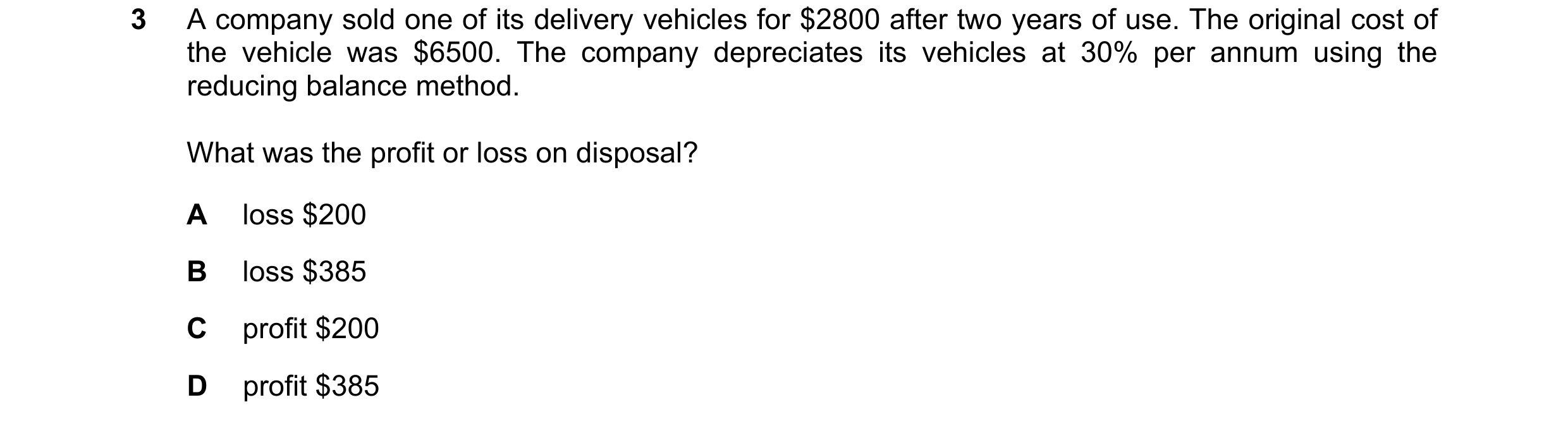Question 211: A company sold one of its delivery vehicles for $2800 after two years of use. The original cost of the vehicle was $6500. The company depre…