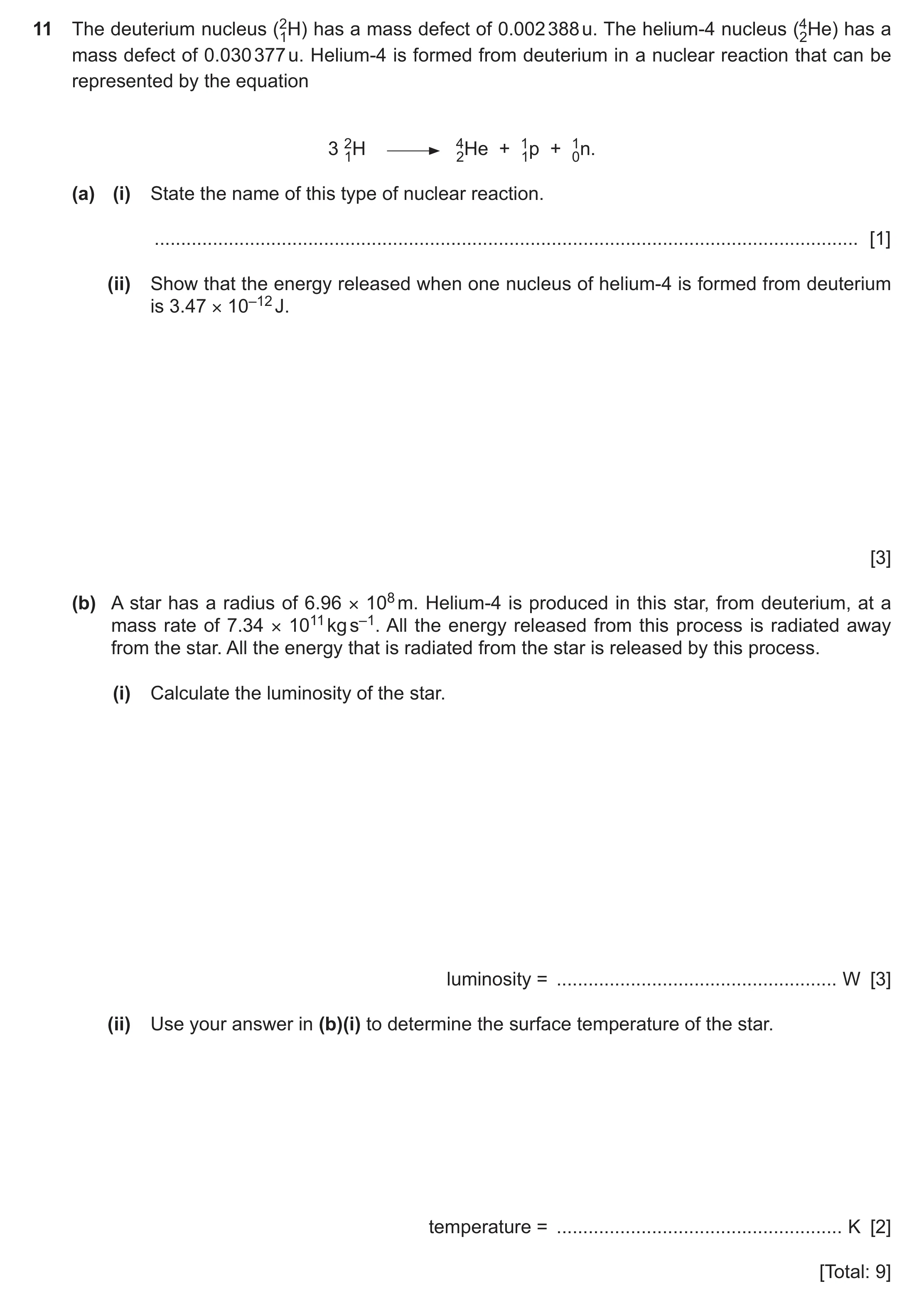 Question 32: The deuterium nucleus (21H) has a mass defect of 0.002 388 u. The helium-4 nucleus (42He) has a mass defect of 0.030 377 u. Helium-4 is for…
