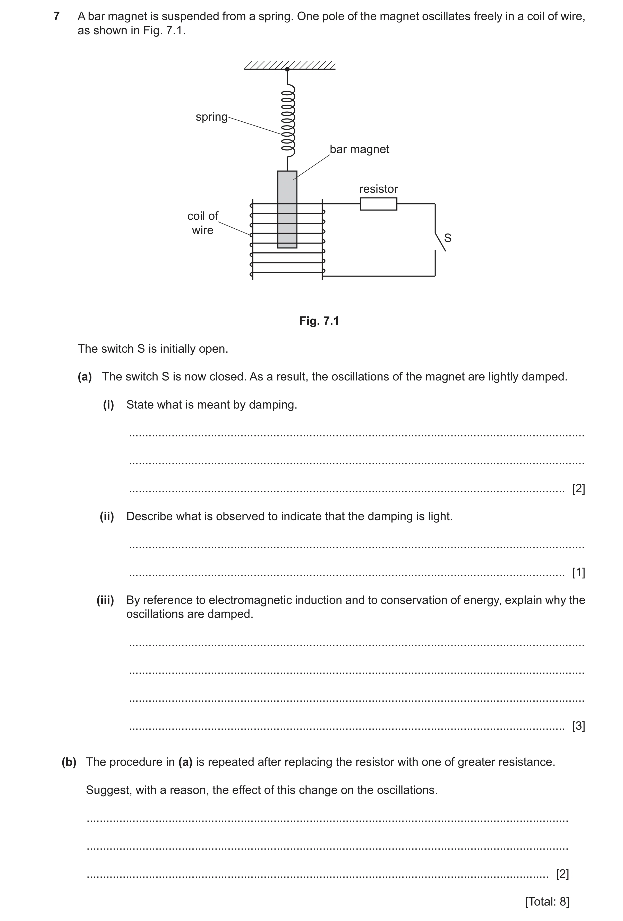 Question 21: A bar magnet is suspended from a spring. One pole of the magnet oscillates freely in a coil of wire, as shown in Fig. 7.1. spring bar magne…
