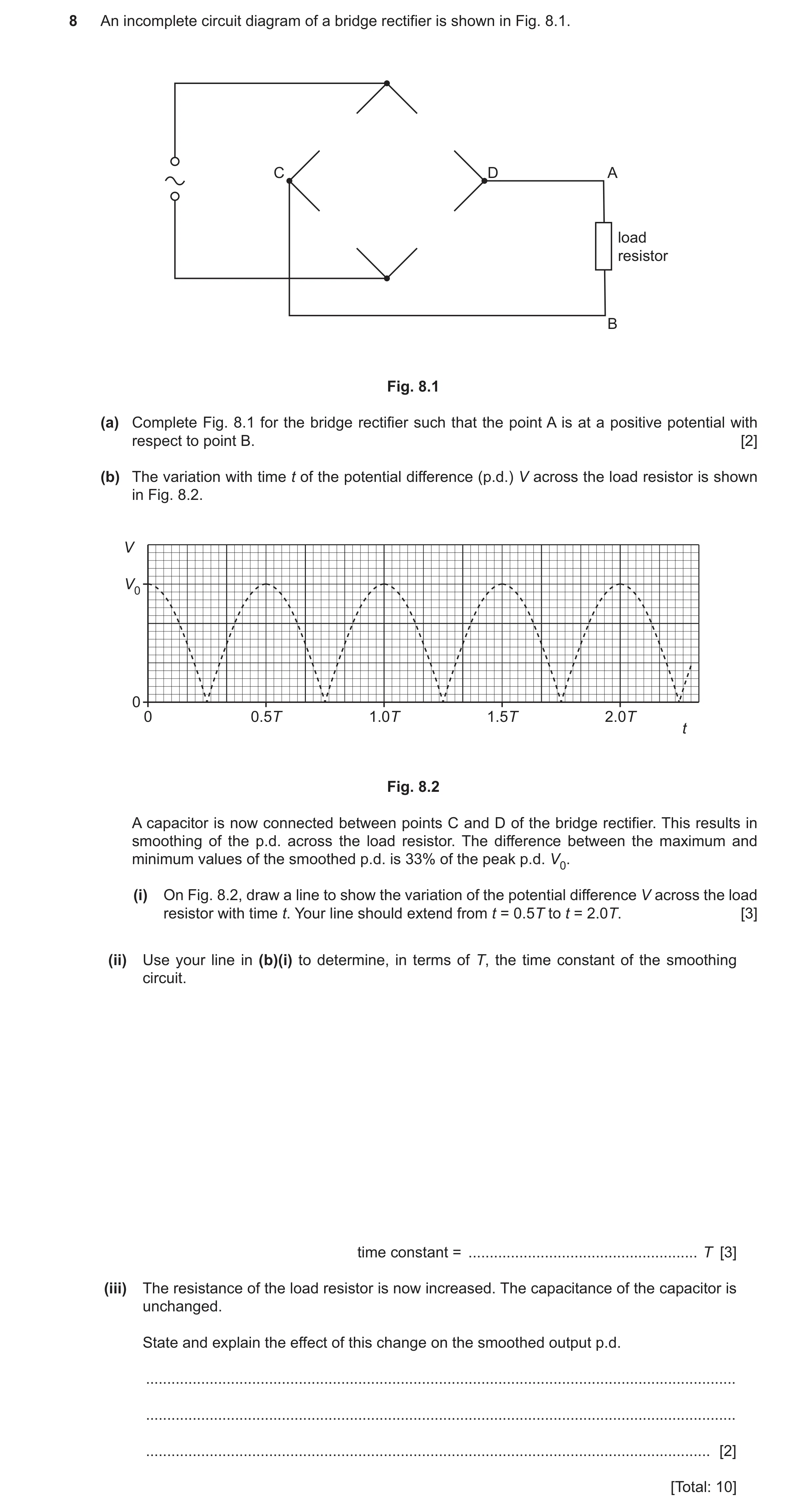 Question 25: An incomplete circuit diagram of a bridge rectifier is shown in Fig. 8.1. C D A load resistor B Fig. 8.1 (a) Complete Fig. 8.1 for the brid…
