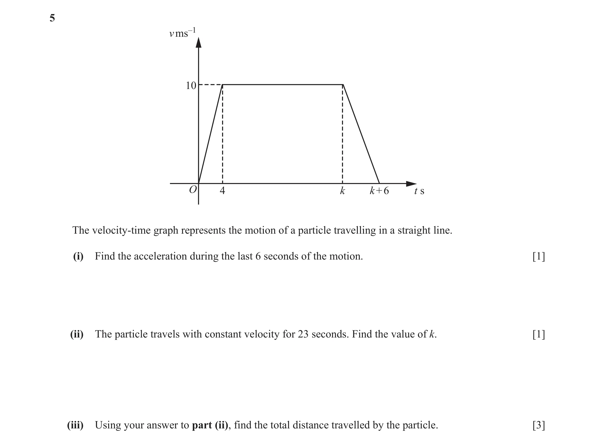 Question 6: v ms–1 10 O 4 k k + 6 t s The velocity-time graph represents the motion of a particle travelling in a straight line. (i) Find the accelerat…