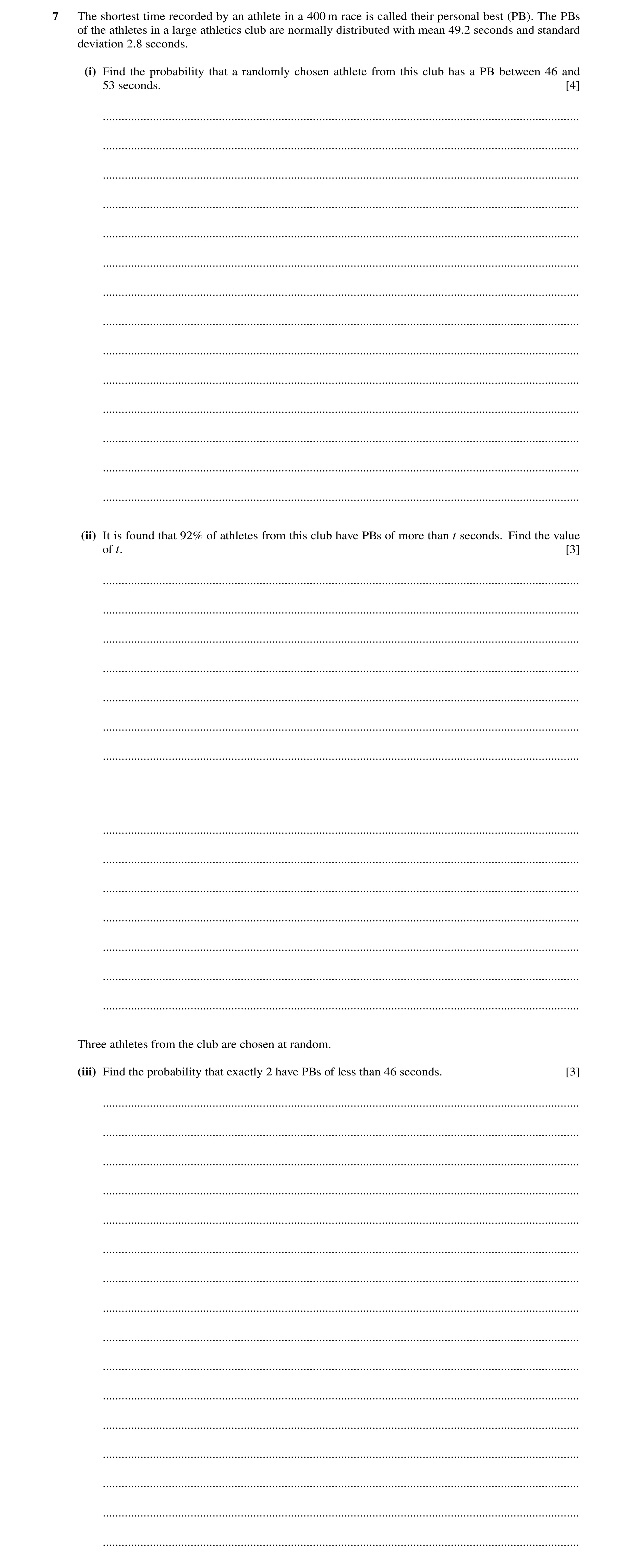 Question 67: The shortest time recorded by an athlete in a 400 m race is called their personal best (PB). The PBs of the athletes in a large athletics c…