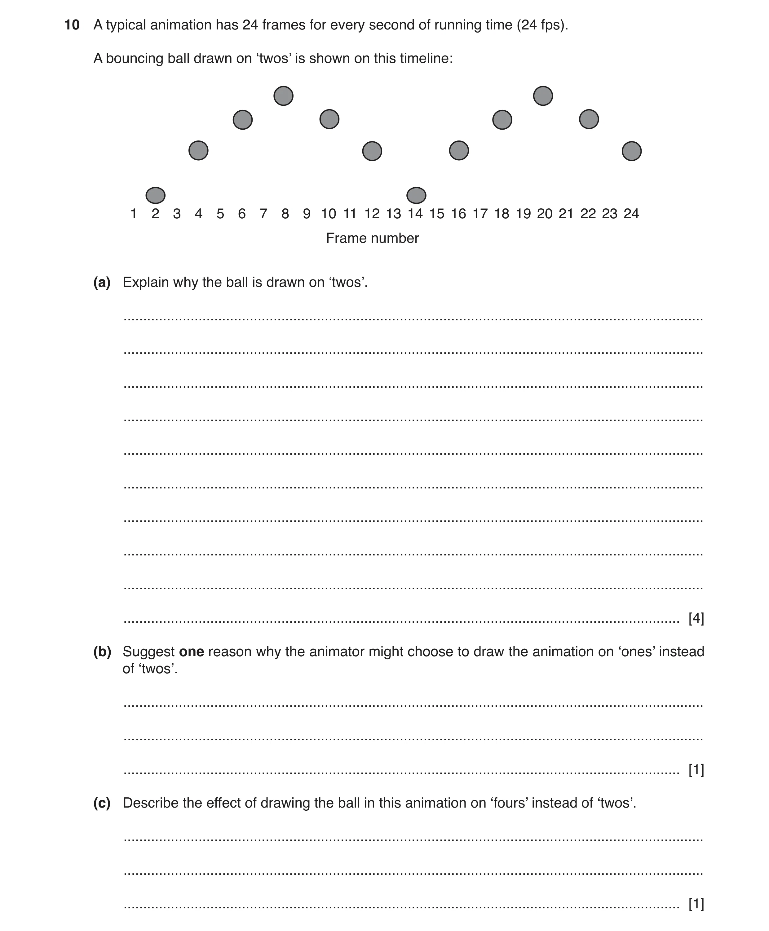 Question 5: A typical animation has 24 frames for every second of running time (24 fps). A bouncing ball drawn on ‘twos’ is shown on this timeline: 1 2…