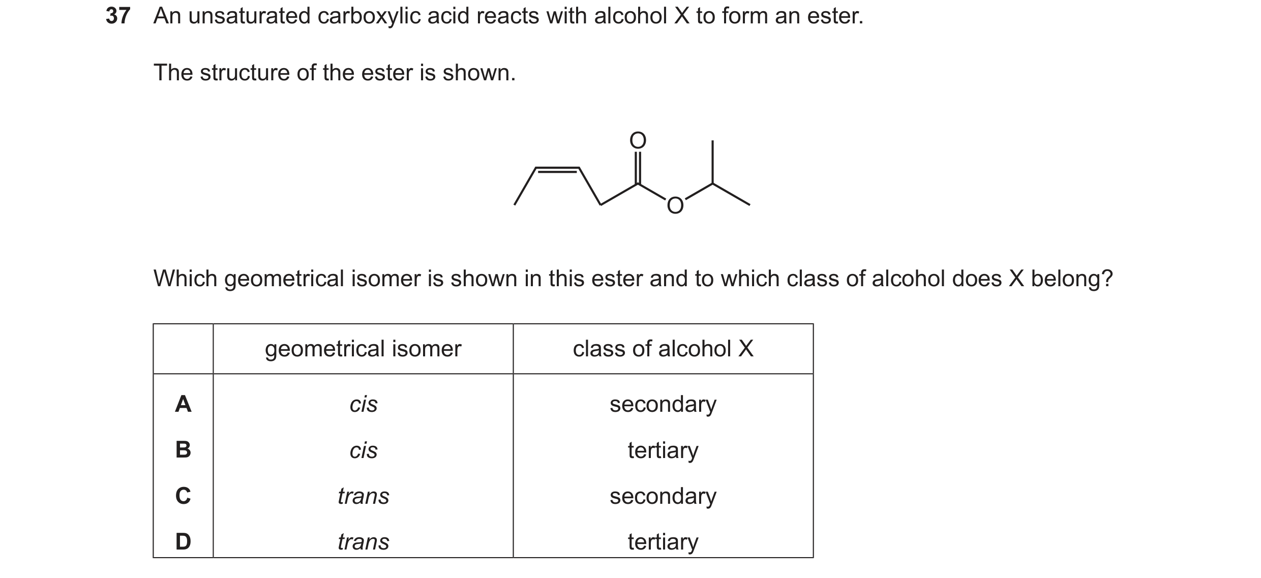 Question 324: An unsaturated carboxylic acid reacts with alcohol X to form an ester. The structure of the ester is shown. 2 2 Which geometrical isomer is…