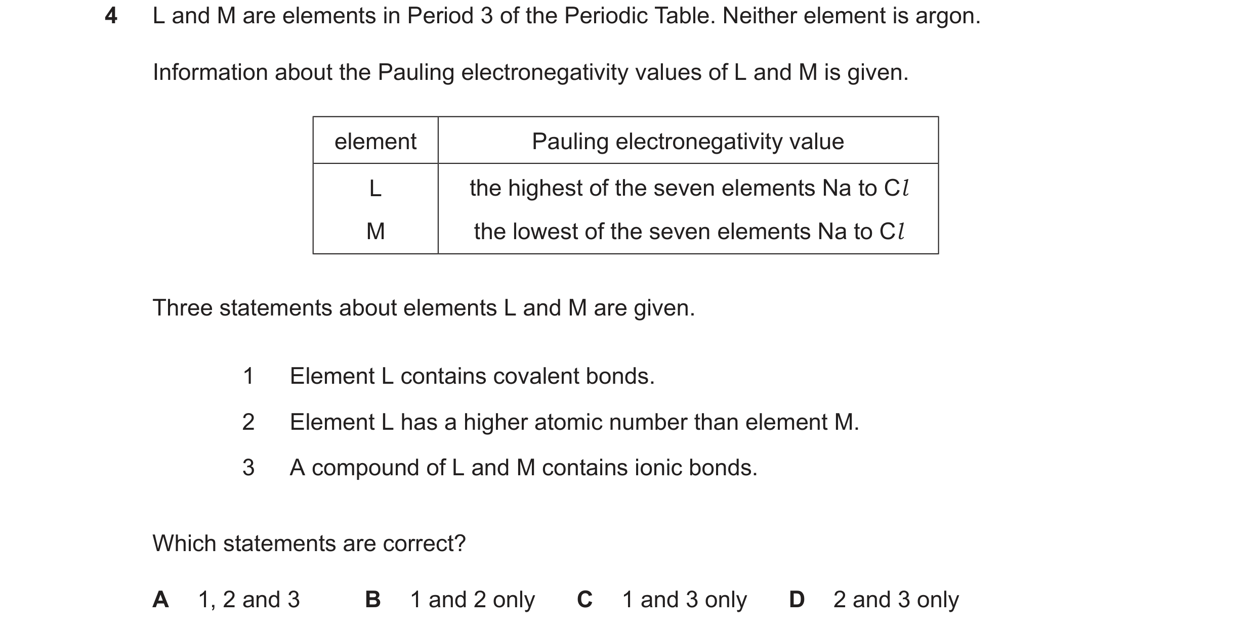 Question 27: L and M are elements in Period 3 of the Periodic Table. Neither element is argon. Information about the Pauling electronegativity values of…