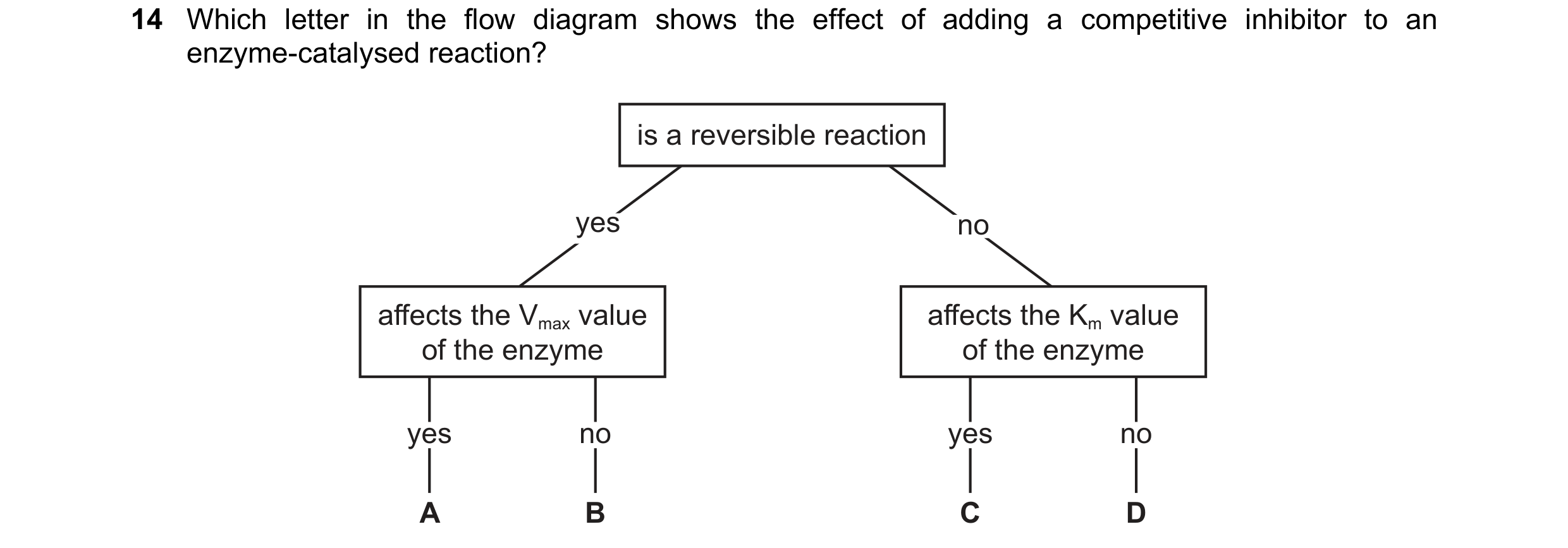 Question 126: Which letter in the flow diagram shows the effect of adding a competitive inhibitor to an enzyme-catalysed reaction? is a reversible reacti…
