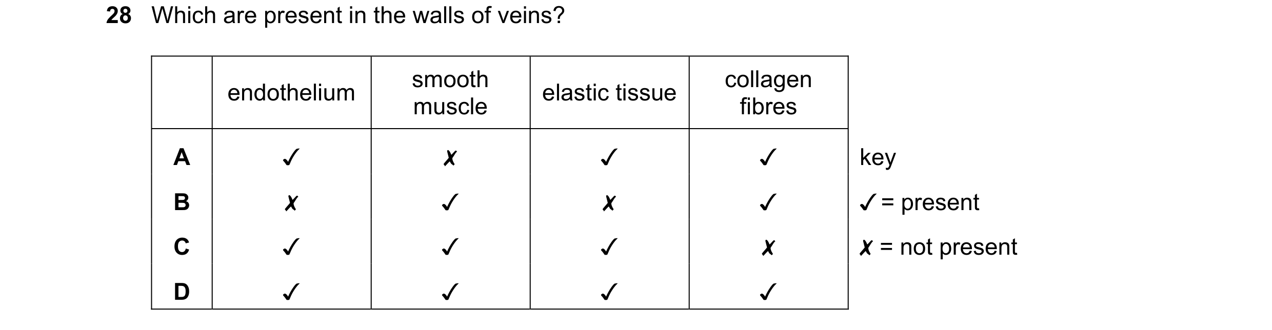 Question 107: Which are present in the walls of veins?
endothelium smoomn elastic tissue co fagen
A Jv x Jv Jv
B x Jv x JV
Cc Jv Jv Jv x
D Jv Jv Jv Jv
…