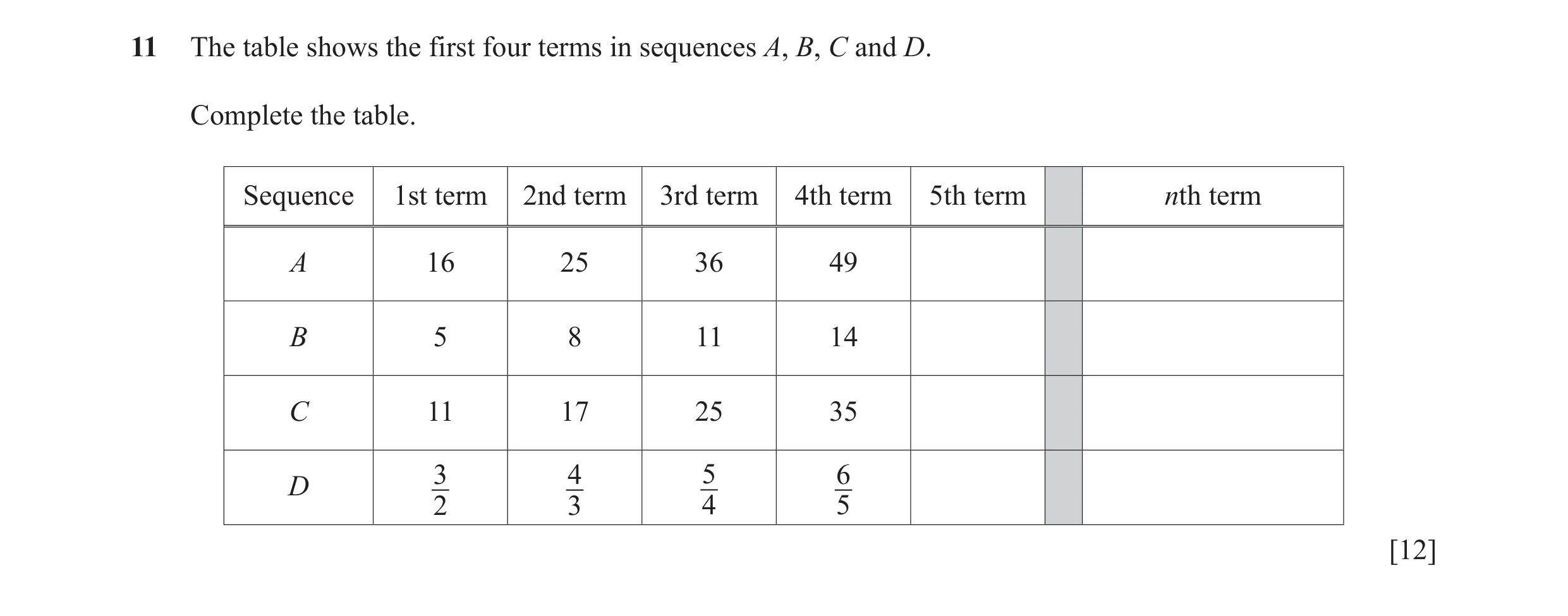 Question 3: The table shows the first four terms in sequences A, B, C and D. Complete the table. Sequence 1st term 2nd term 3rd term 4th term 5th term …