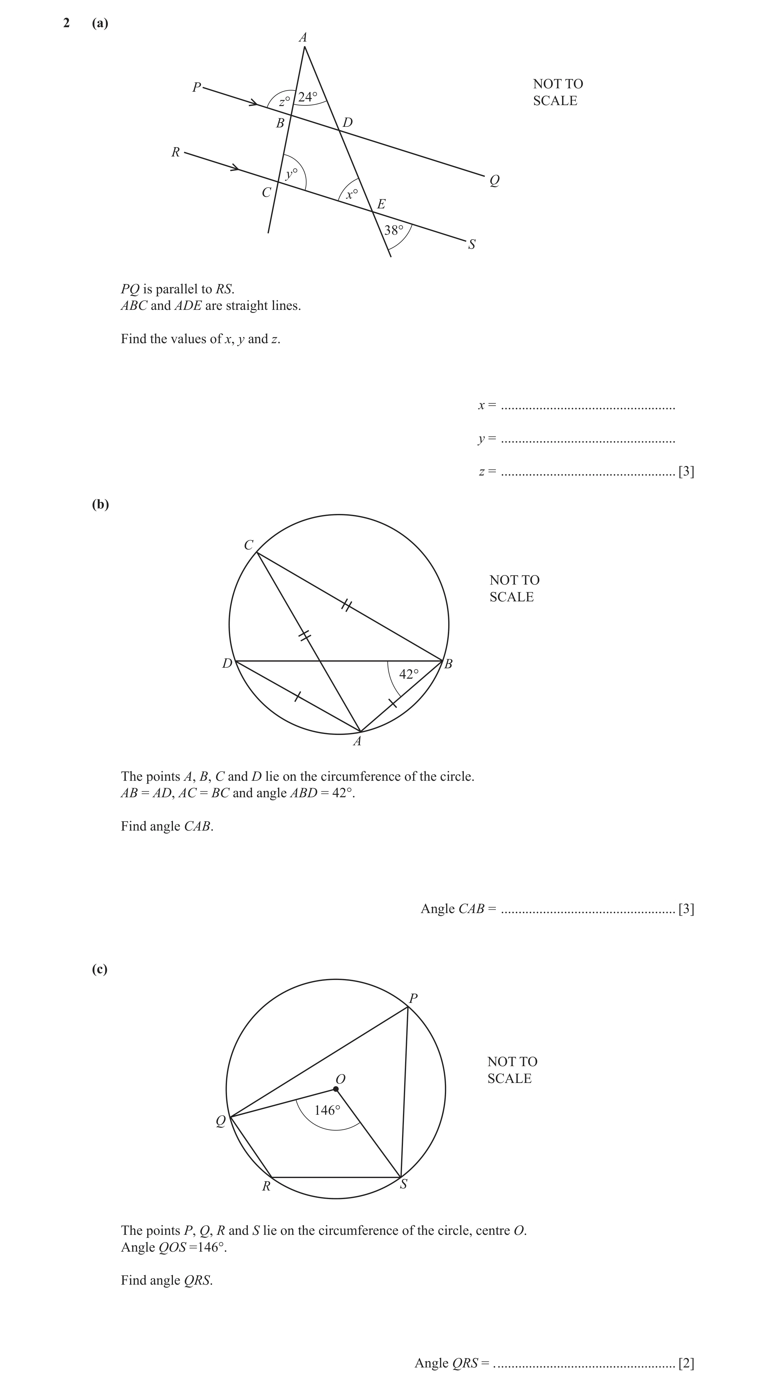 Question 2: (a) A P NOT TO 24° SCALE z° B D R y° Q C x° E 38° S PQ is parallel to RS. ABC and ADE are straight lines. Find the values of x, y and z. x …