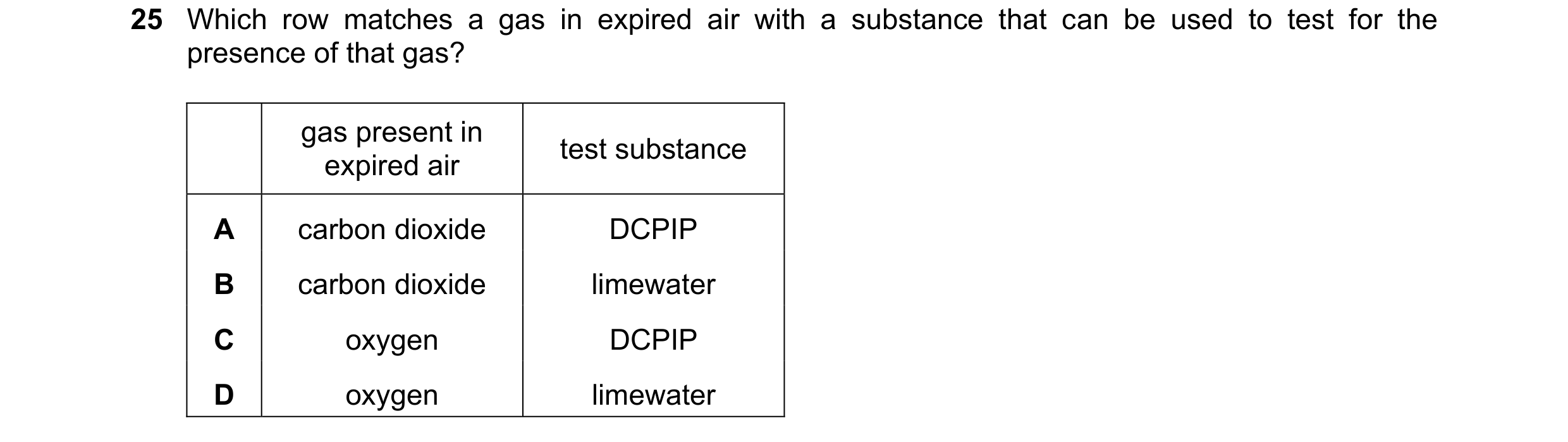 Question 30: Which row matches a gas in expired air with a substance that can be used to test for the presence of that gas? gas present in test substanc…
