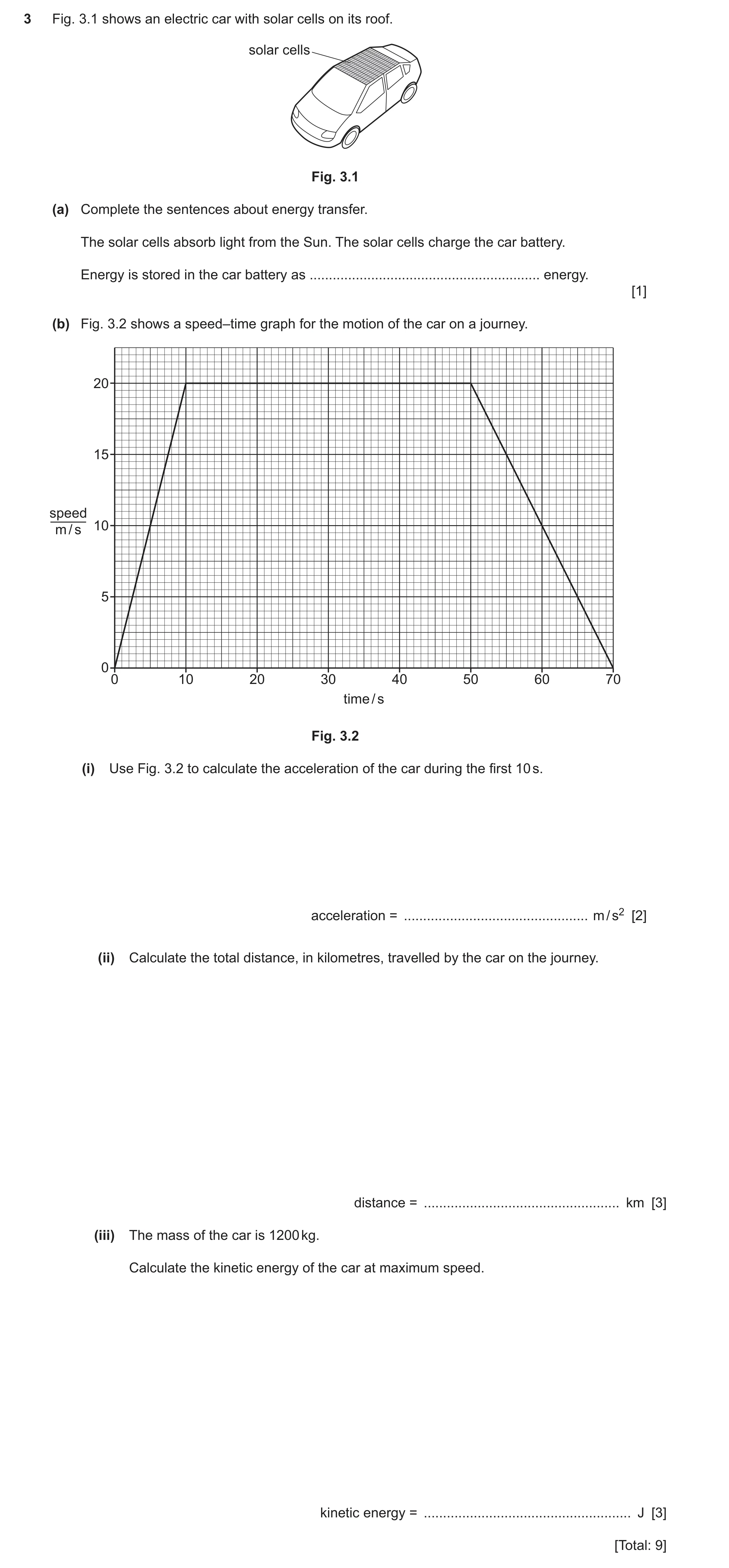 Question 37: Fig. 3.1 shows an electric car with solar cells on its roof. solar cells Fig. 3.1 (a) Complete the sentences about energy transfer. The sol…