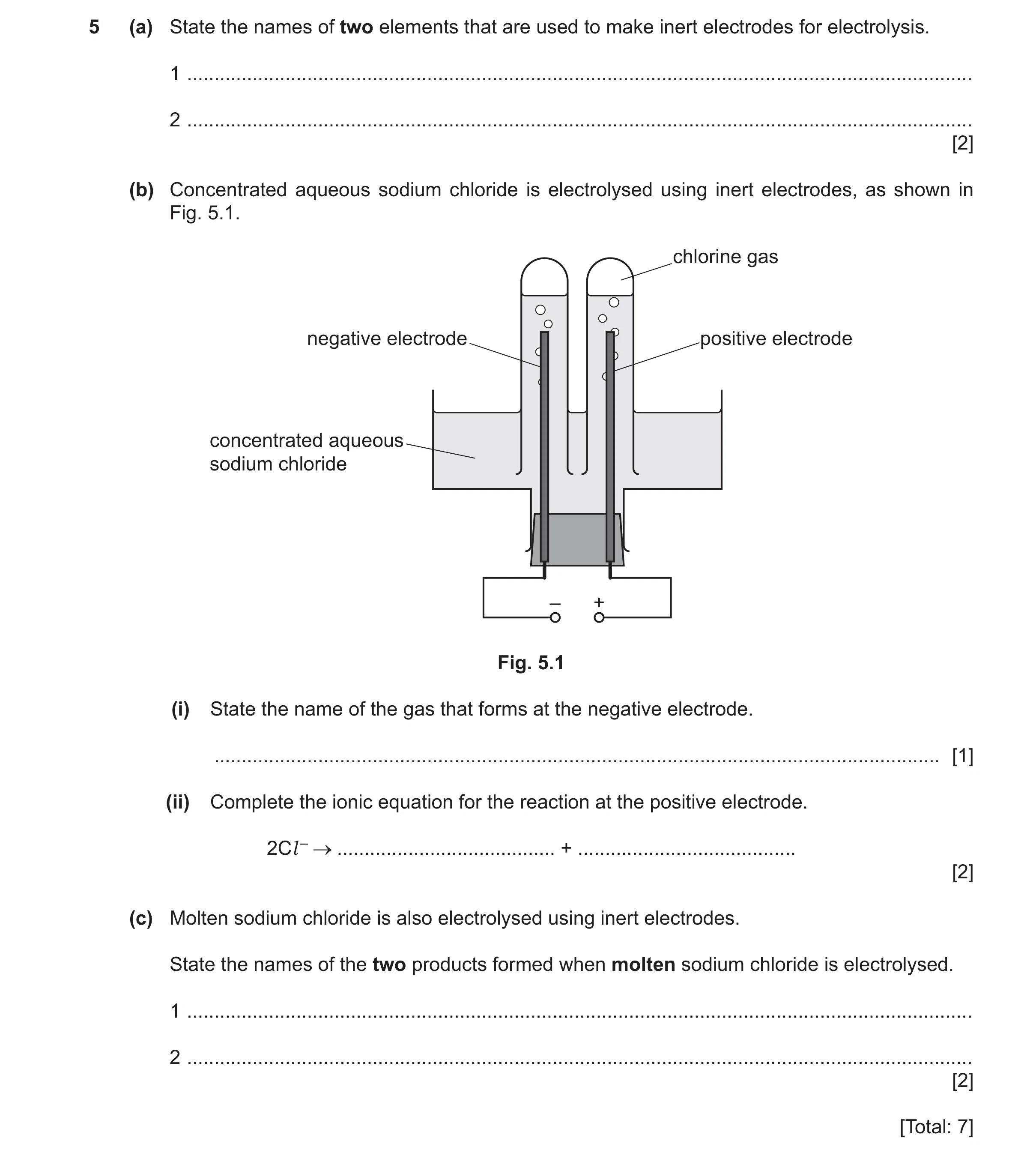 Question 33: (a) State the names of two elements that are used to make inert electrodes for electrolysis. 1 ............................................…