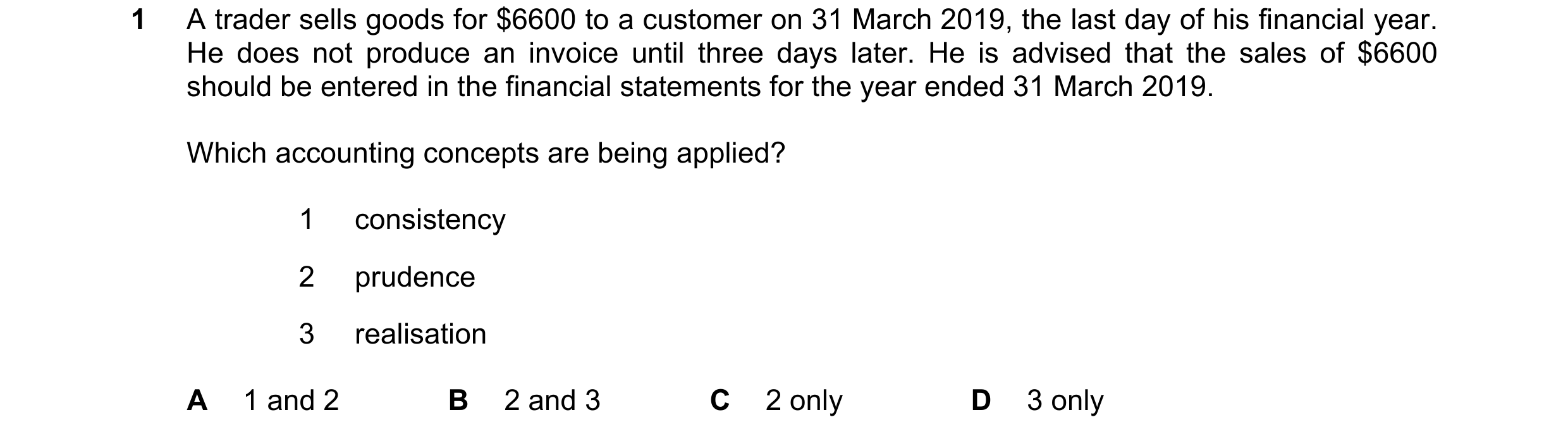 Question 187: A trader sells goods for $6600 to a customer on 31 March 2019, the last day of his financial year. He does not produce an invoice until thr…