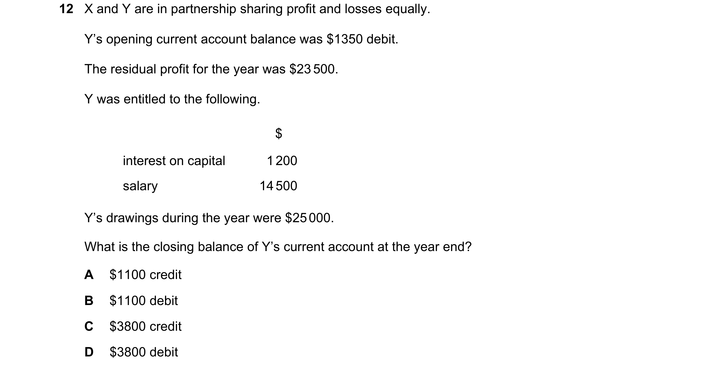 Question 643: X and Y are in partnership sharing profit and losses equally. Y’s opening current account balance was $1350 debit. The residual profit for …