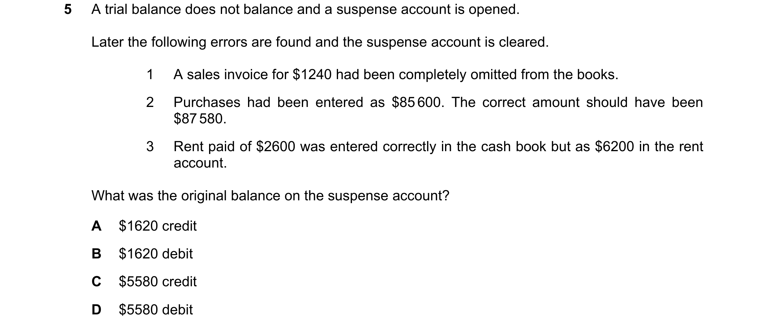 Question 257: A trial balance does not balance and a suspense account is opened. Later the following errors are found and the suspense account is cleared…