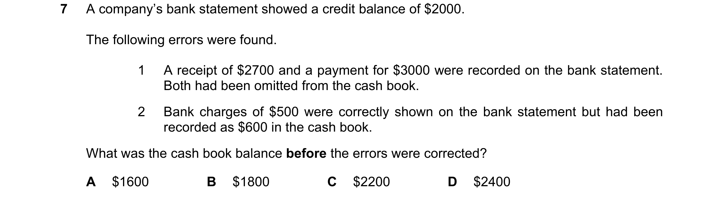 Question 259: A company’s bank statement showed a credit balance of $2000. The following errors were found. 1 A receipt of $2700 and a payment for $3000 …