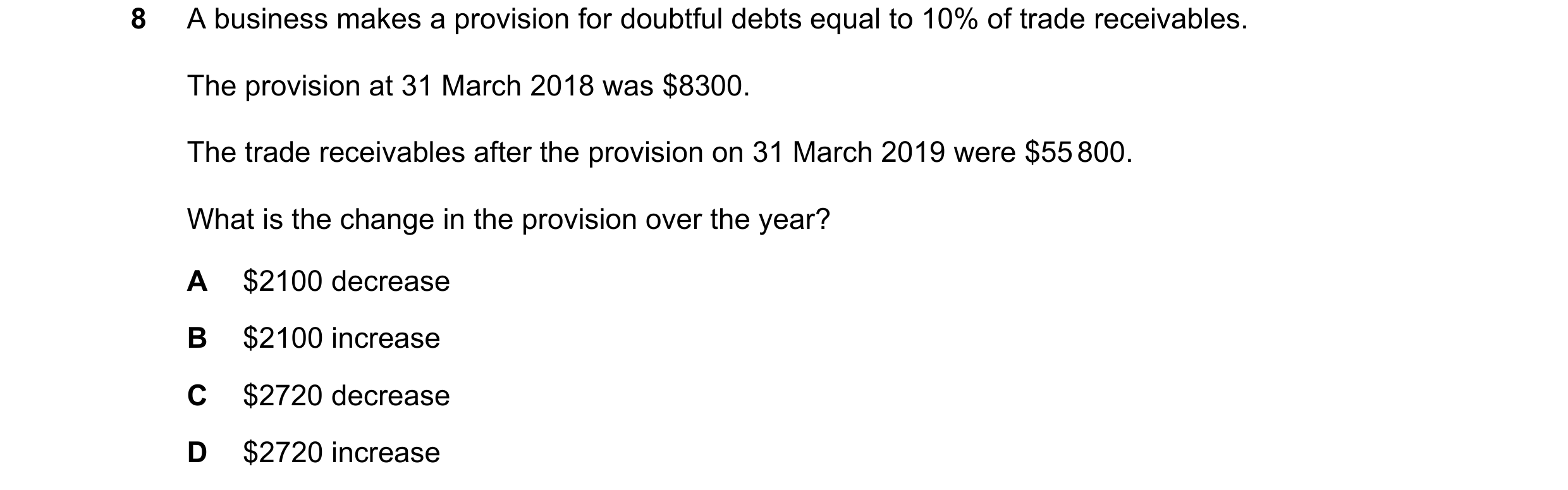 Question 639: A business makes a provision for doubtful debts equal to 10% of trade receivables. The provision at 31 March 2018 was $8300. The trade rece…