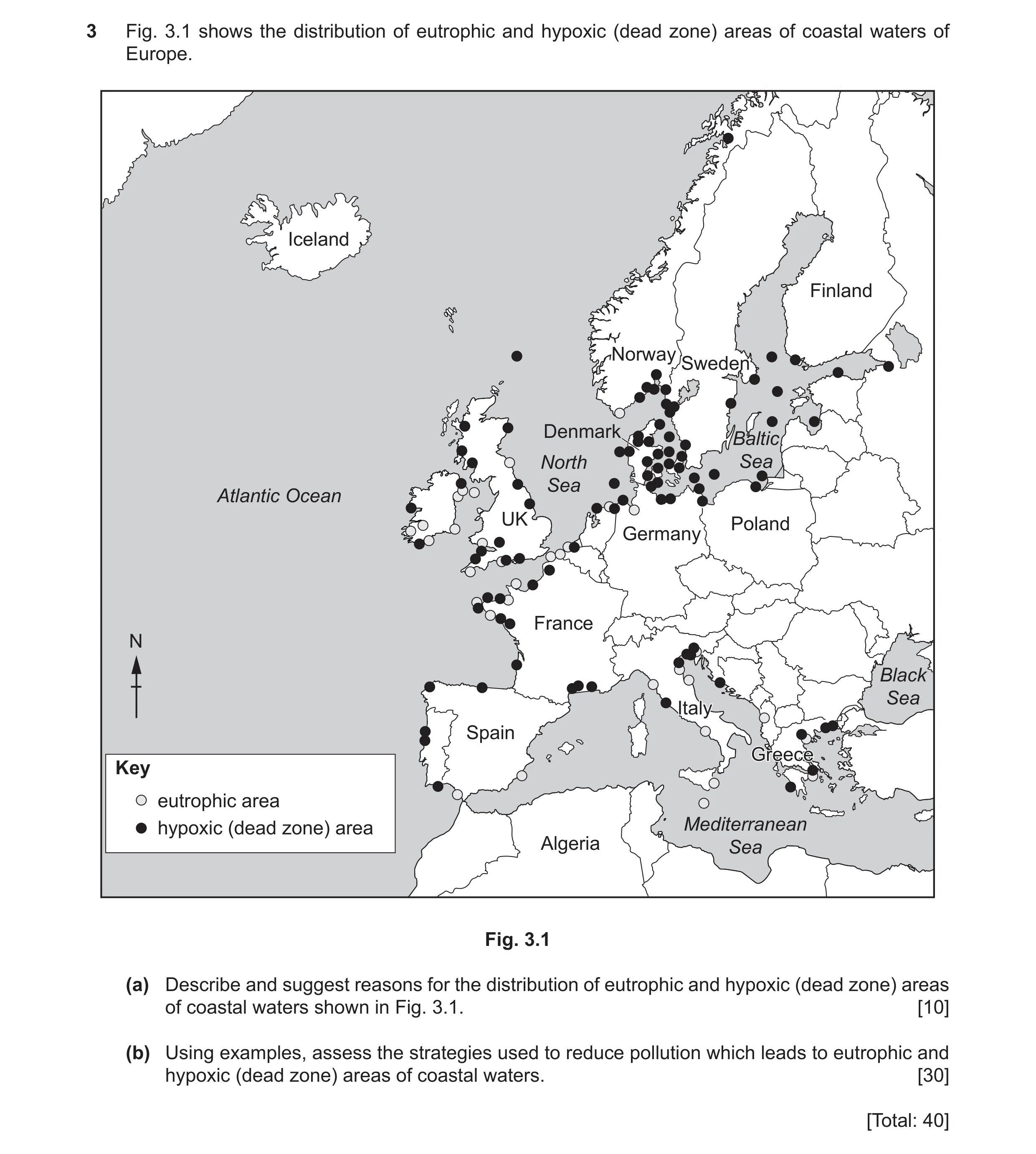 Question 38: Fig. 3.1 shows the distribution of eutrophic and hypoxic (dead zone) areas of coastal waters of Europe. Iceland Finland Norway Sweden Denma…