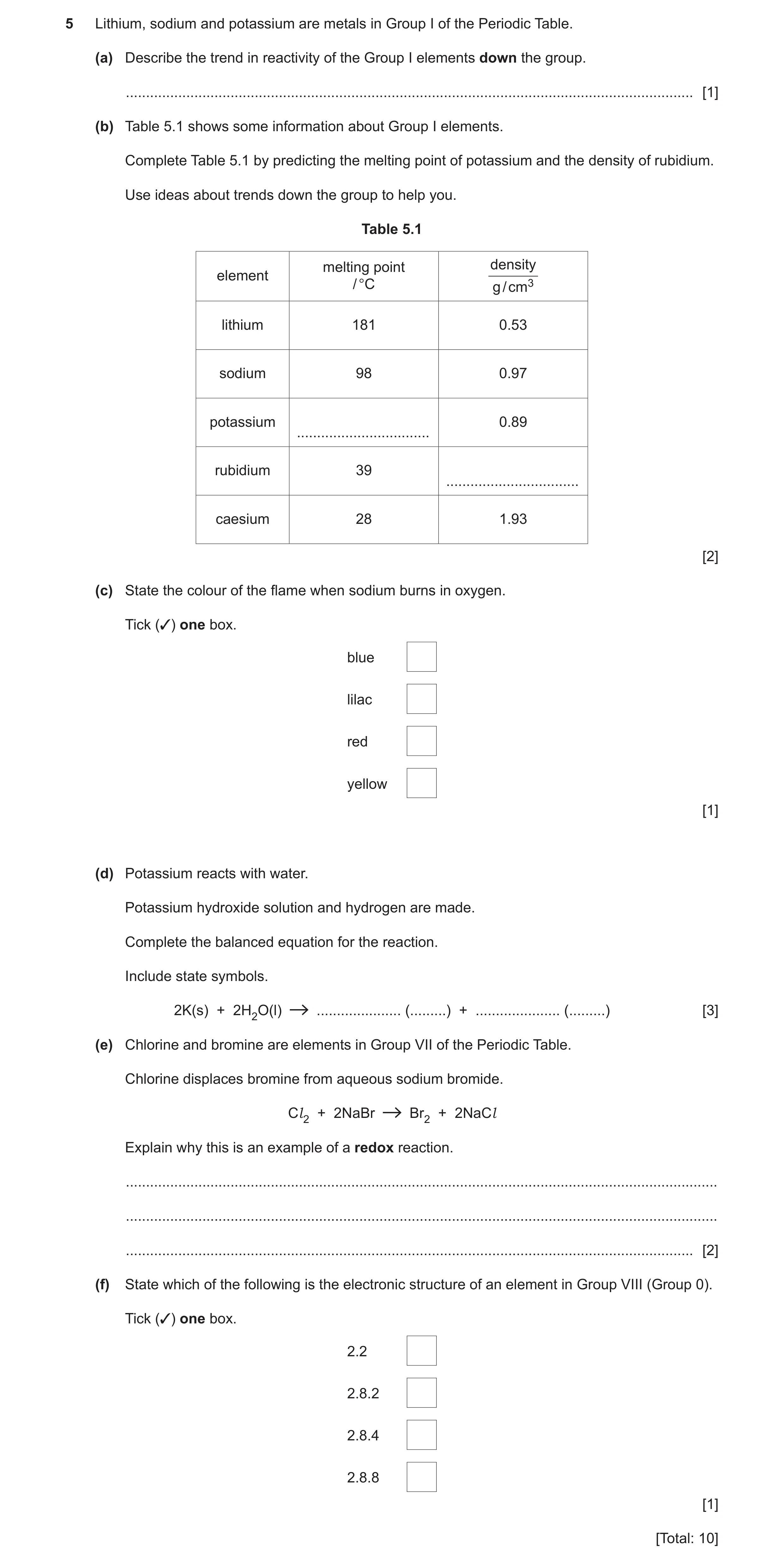 Question 11: Lithium, sodium and potassium are metals in Group I of the Periodic Table. (a) Describe the trend in reactivity of the Group I elements dow…