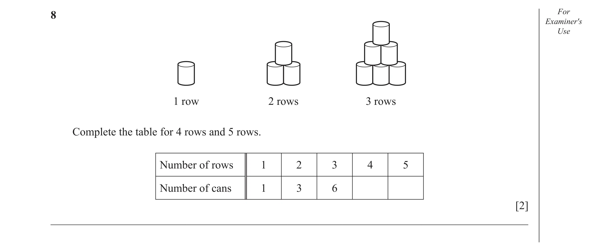 Question 5: For Examiner's Use 1 row 2 rows 3 rows Complete the table for 4 rows and 5 rows. Number of rows 1 2 3 4 5 Number of cans 1 3 6 [2] ________…