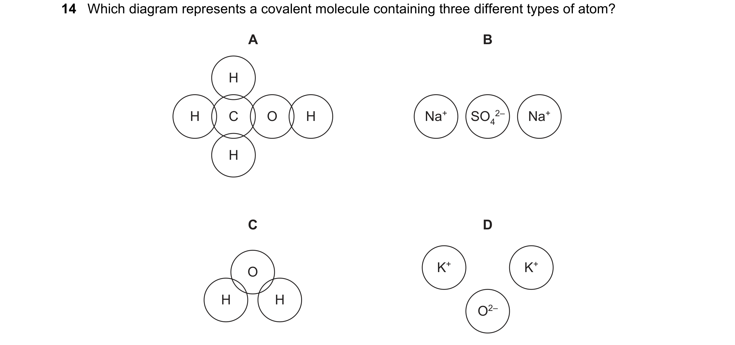 Question 35: Which diagram represents a covalent molecule containing three different types of atom? A B H H C O H Na+ SO4 2– Na+ H C D O K+ K+ H H O2–