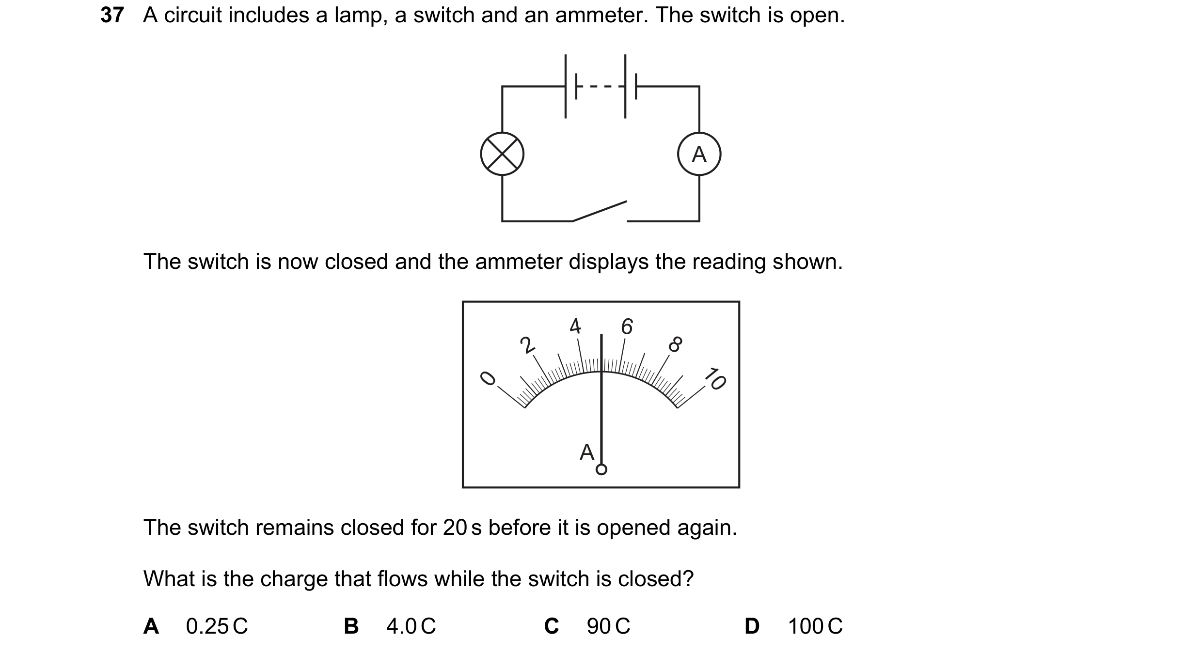 Question 97: A circuit includes a lamp, a switch and an ammeter. The switch is open. A The switch is now closed and the ammeter displays the reading sho…